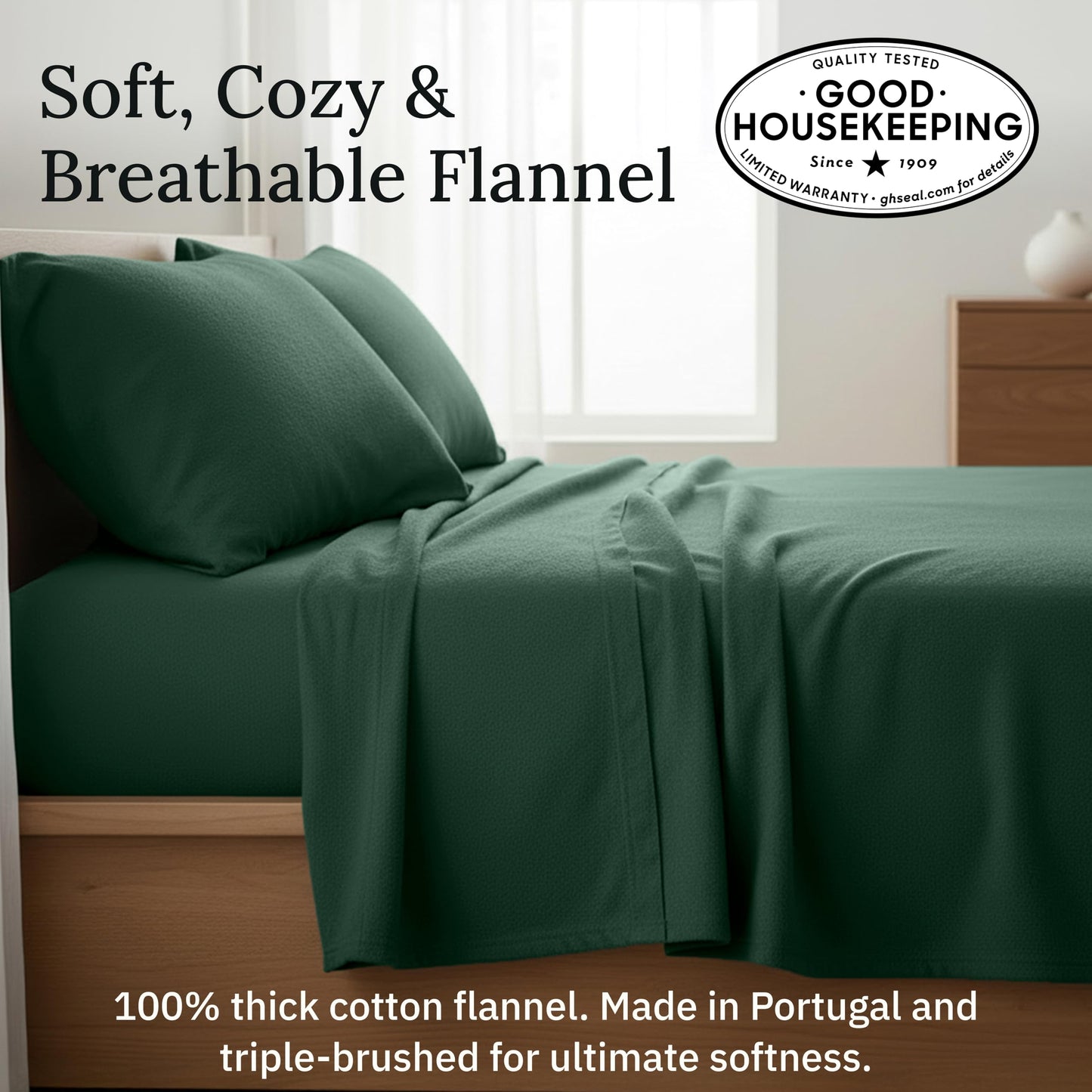 California Design Den Flannel Bed Sheets Twin Size Set - Made in Portugal 100% Cotton, Thick, Velvet Soft 3-Piece Twin Size Flannel Sheets Set, Triple-Brushed, Extra Deep Pockets - Dark Green