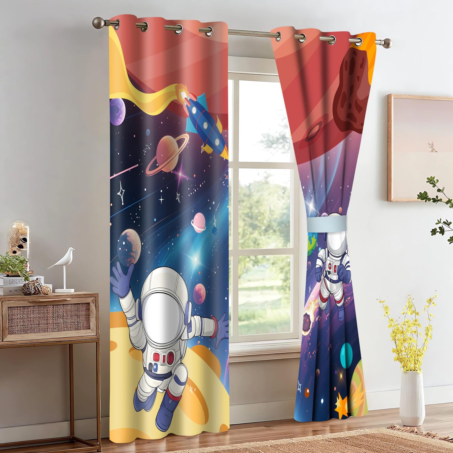 HIYSMT Astronaut Outer Space Curtains for Kids Bedroom,4284inch Universe Planet Cosmic Rocket Meteorite Fall Blackout Curtain,Cartoon Fantasy Starry Sky Drapes for Nursery Child Room 2Panel HI01DX