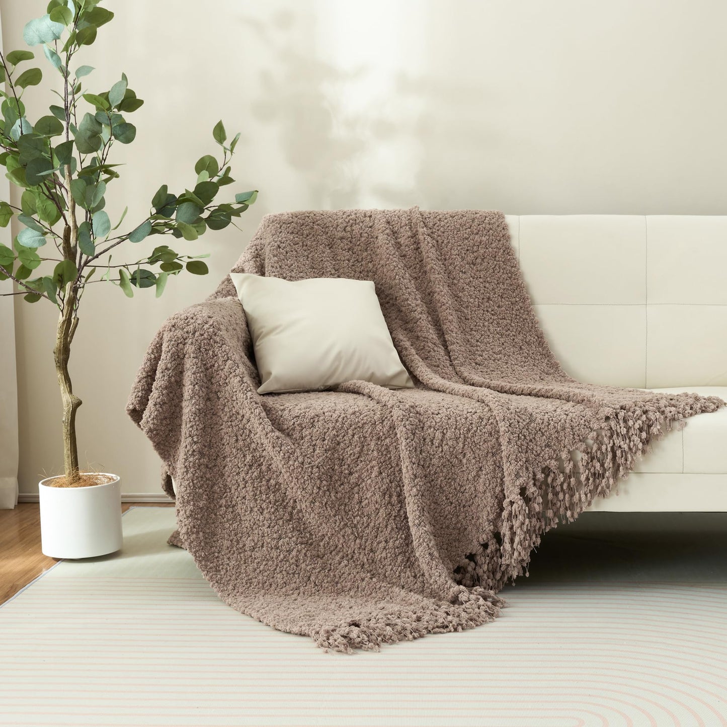 LONG CREATE Throw Blanket for Couch, Taupe Tan Luxury Knitted Throws 50"x60", Textured Blankets with Handmade Fringe Tassels for Bed Sofa Decorative, Chunky Soft Farmhouse Boho Home Decor