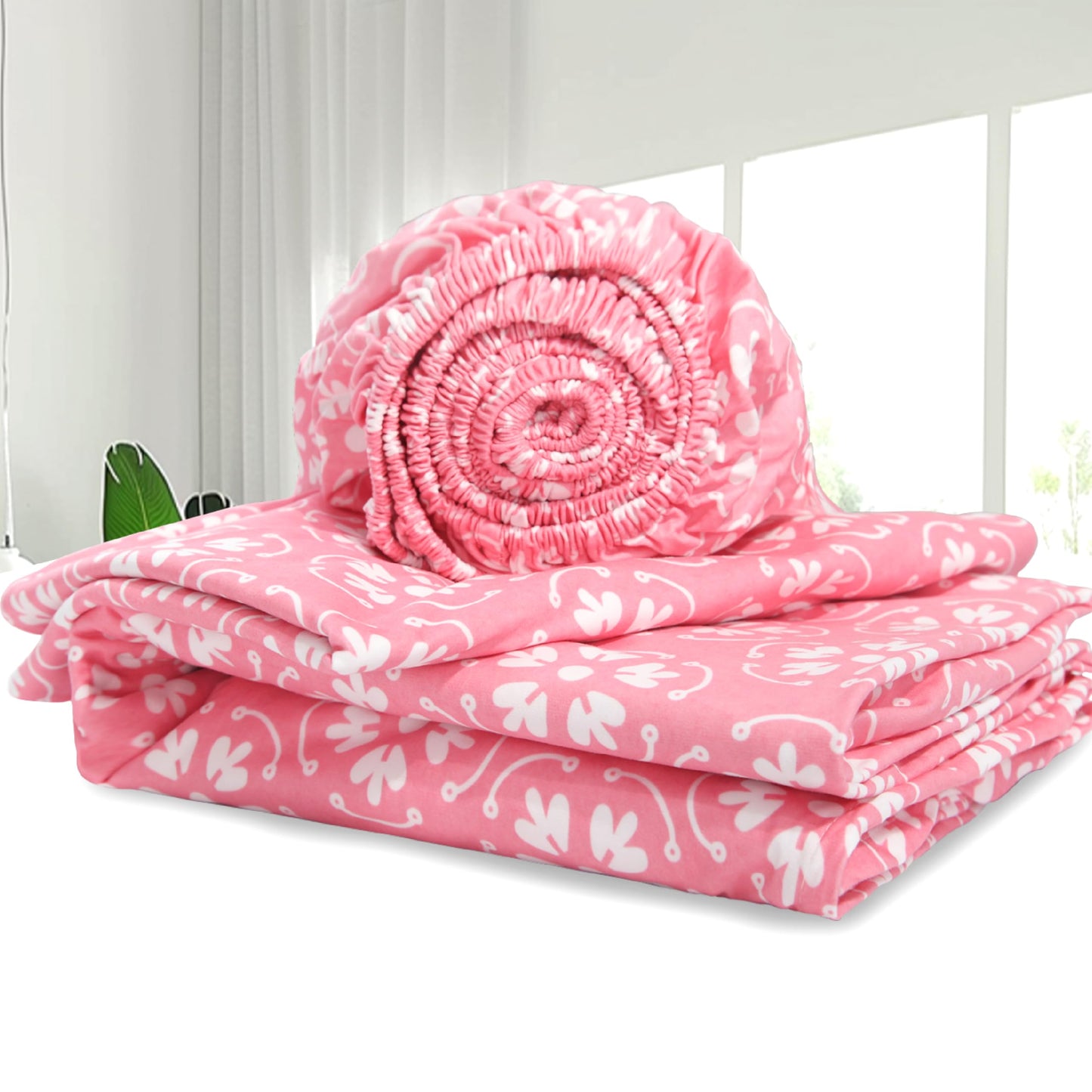 MARQUESS Printed Flannel Sheets Queen Size, Microfiber Brushed Flannel Bed Linen Set Deep Pocket Ultra Soft & Durable, 4 Piece (Pink, Queen)