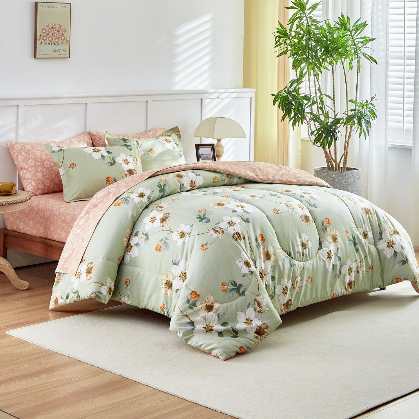 AIKASY 7 Piece Floral Comforter Set King Size - Soft Microfiber Bed in a Bag with Sheet Set for All Seasons - Green Flower Botanical Design - Reversible Bedding Set