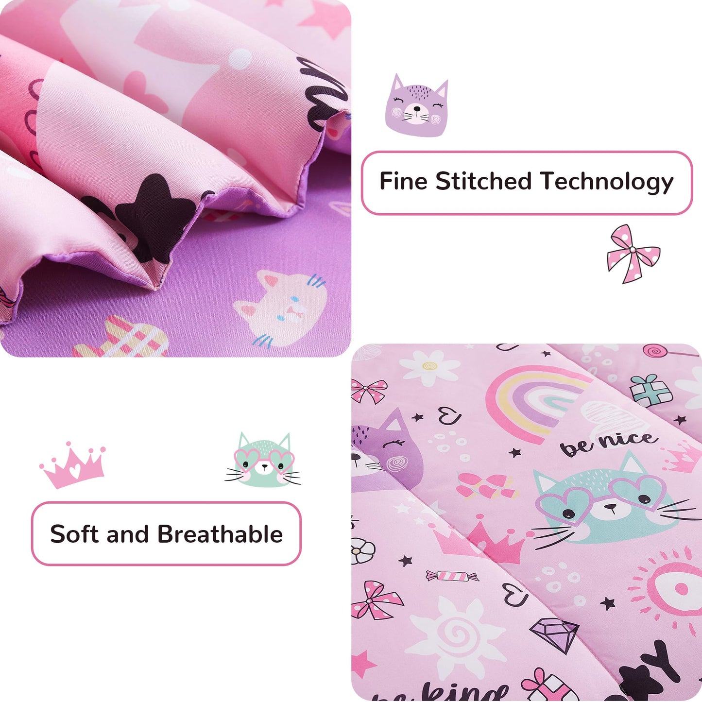 Viviland Kids Twin Bedding Sets for Girls, Soft Twin Comforter Set with Sheets, 5 Pieces Microfiber Bed in a Bag, Pink Cat Kitty