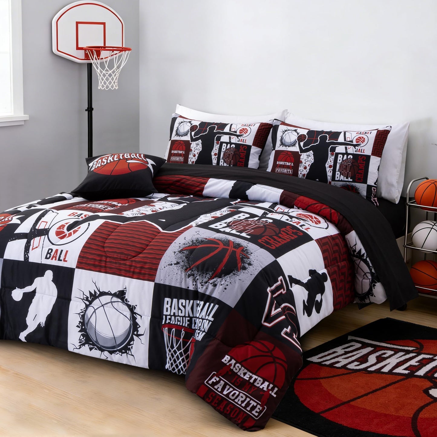 A Nice Night Sports Geometric Grid Baseketabll Patchwork Baskeball Printed for Boys Twin 6Pcs Bed in A Bag Comforter Bedding Set,Red