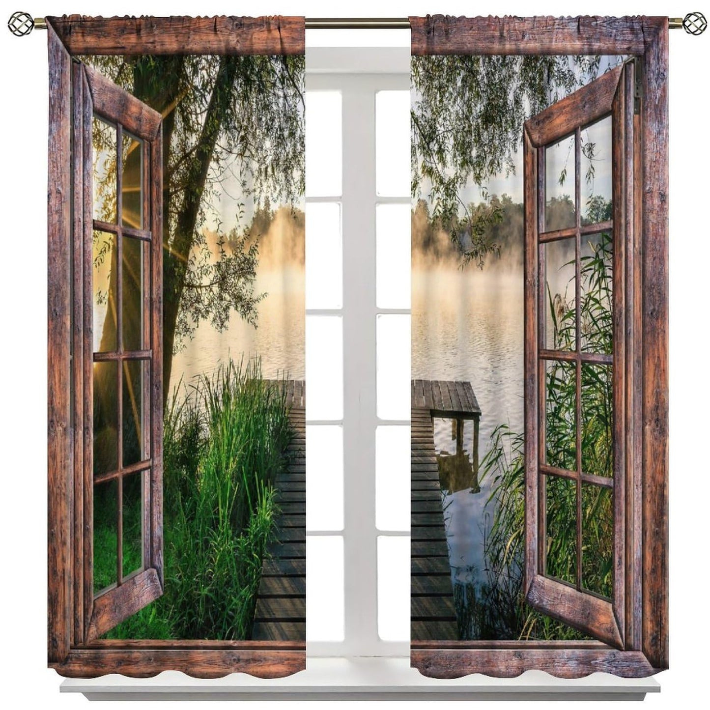 Landscape Scenery Brown Wooden Curtains, Forest Trees Nature Scenery Print Pattern Window Drapes, for Bedroom Living Room 42" W X 45" L (Decorative)
