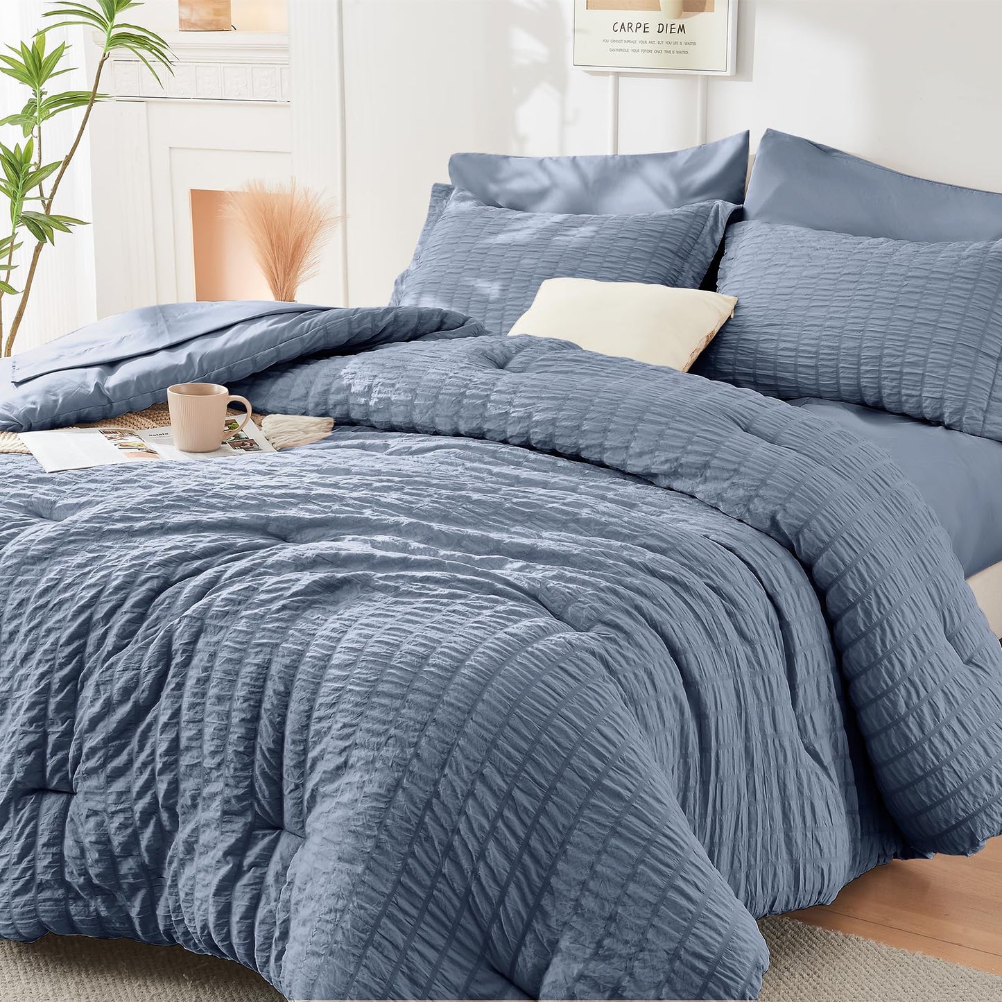 HYMOKEGE Nordic Blue Twin Comforter Set Seersucker 5 Pieces, All Season Luxury Bed in a Bag for Bedroom, Bedding Set with Comforter, Sheets, Pillowcase & Sham