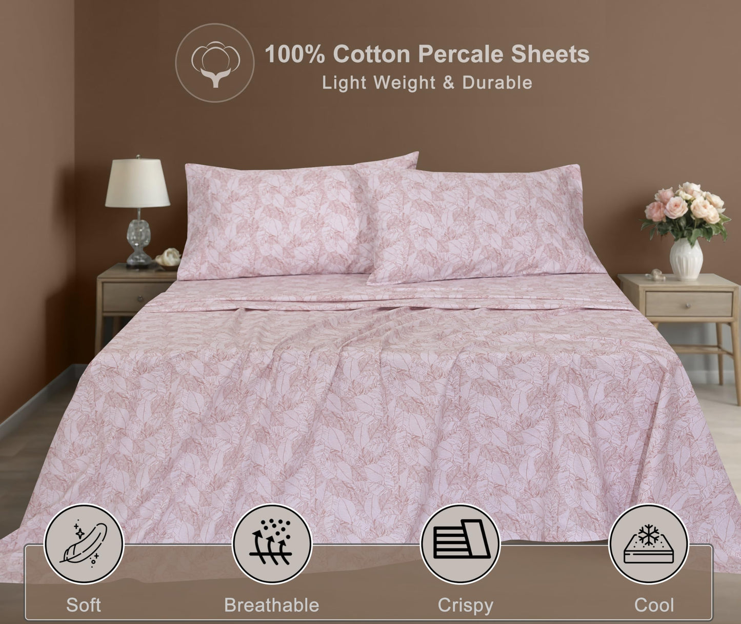 ZOYER 100% Cotton Sheets – Full Size Percale Bedding, Cooling & Breathable, Durable with a Crisp, Soft & Comfortable Feel, 16" Deep Pocket, 4-Piece Set, Negative Print