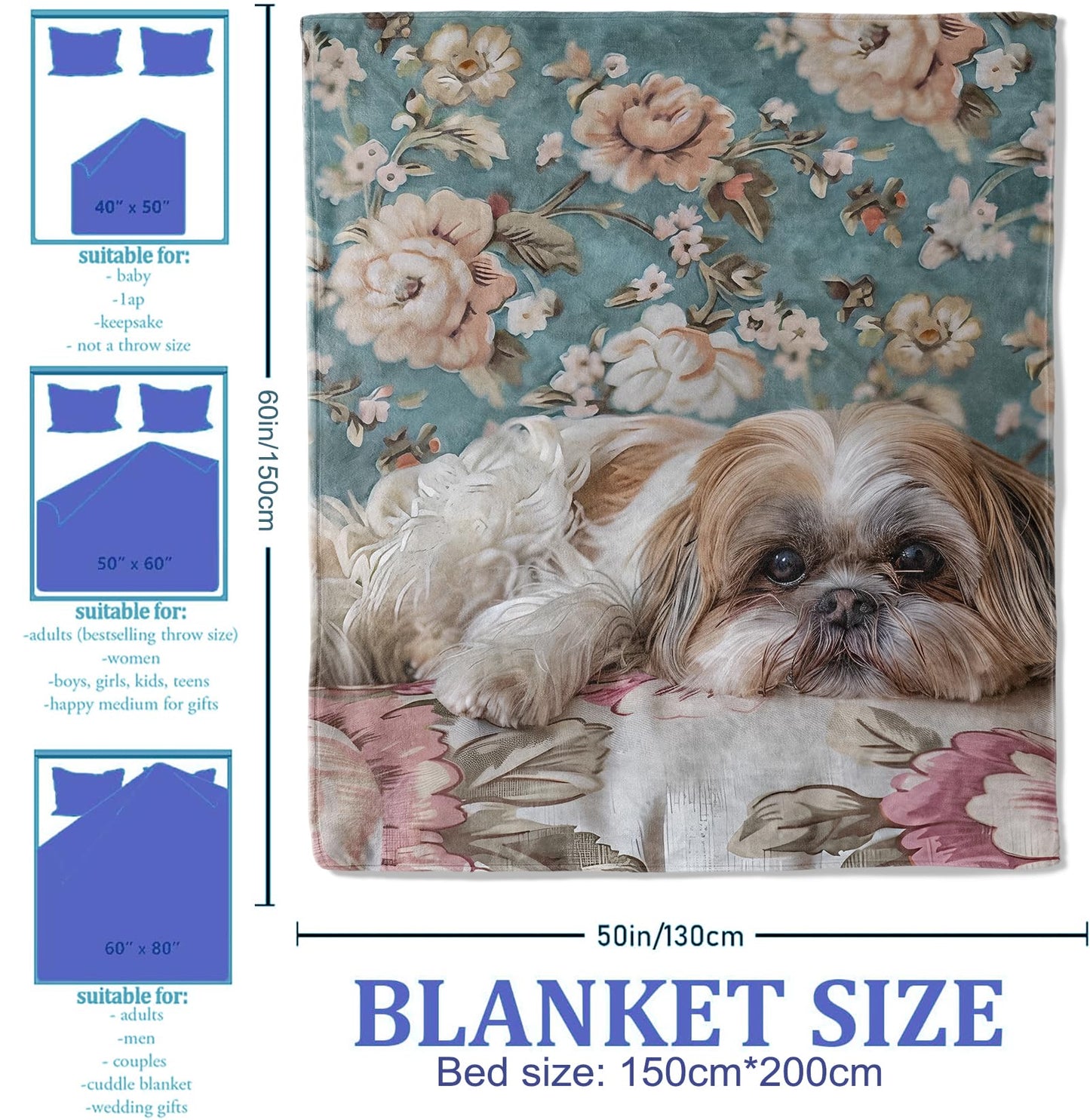Plistiz Shih Tzu Dog Throw Blanket for Women Girls Boys, Soft Flannel Blankets Gifts for Living Room Couch, Home, Sofa Decor, 50"x60"