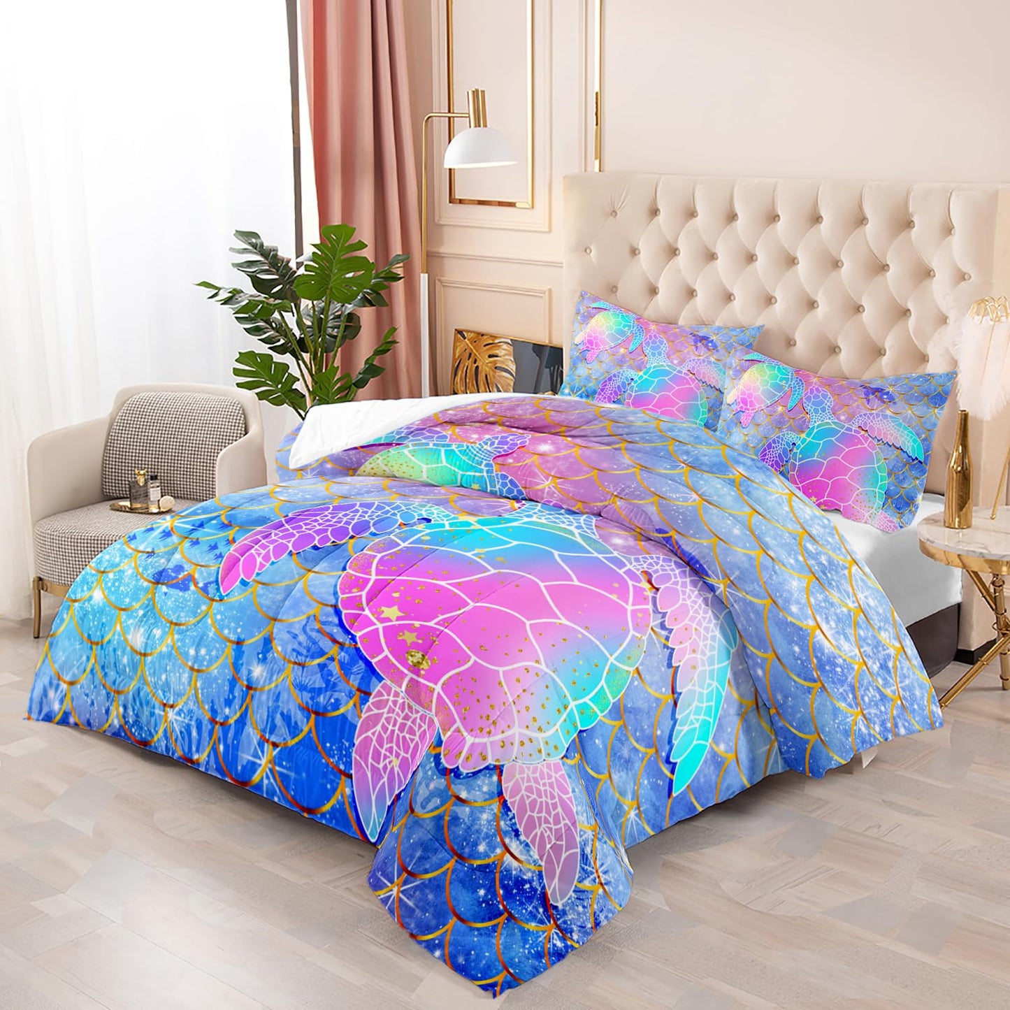 Mermaid Scales Bedding Set for Girls,Rainbow Scales Mermaid Printed Comforter Set Full Size for Kid Women,Glitter Star Bed Set Quilts Set Lightweight Soft Microfiber Warm Down Alternative All Season