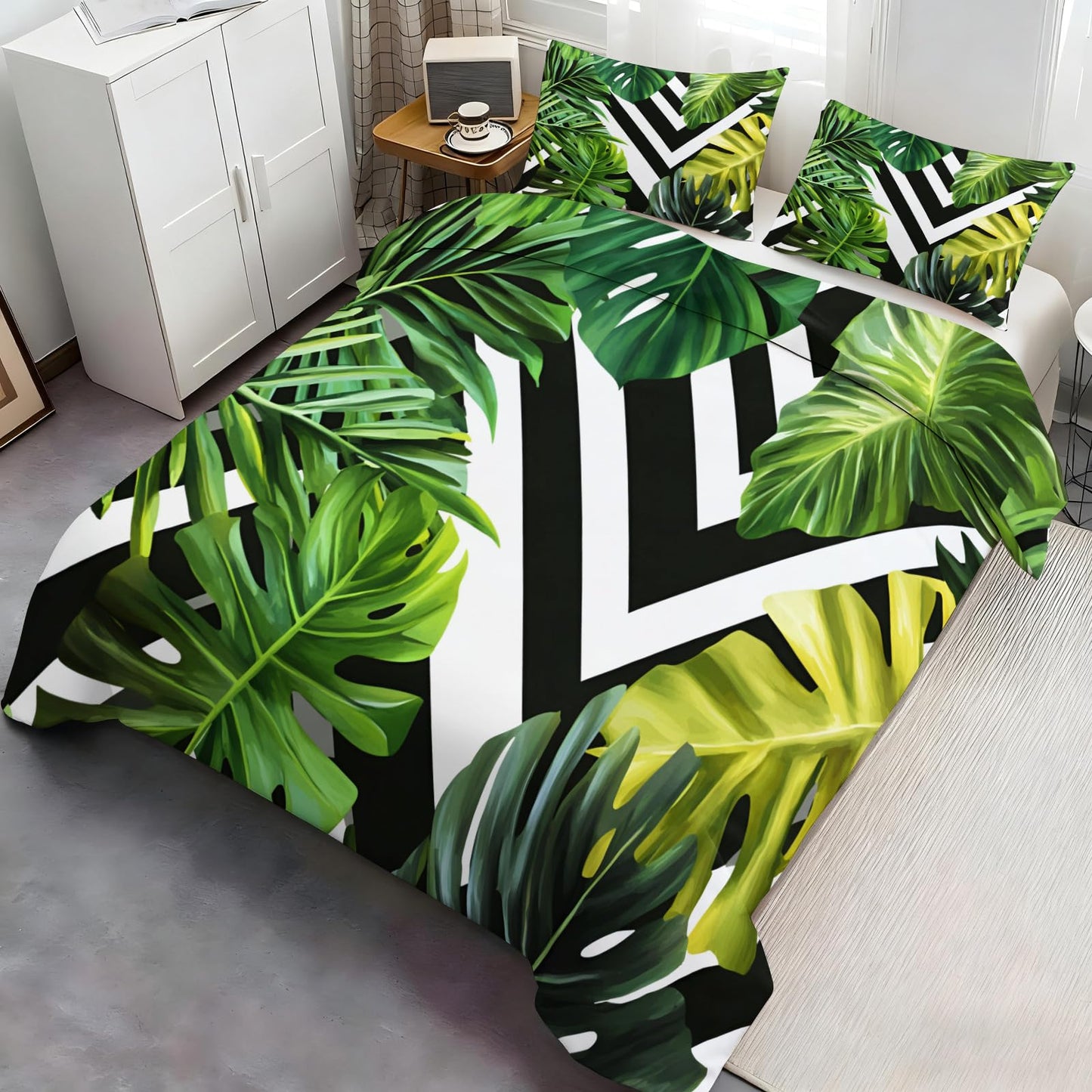 GKPLY Tropical Leaves Bedding Duvet Cover, Monstera Comforter Set with Zipper, Green Print Duvet Cover Queen, 3 Pieces Bedding & Bedroom Decor, 2 Pillowcases