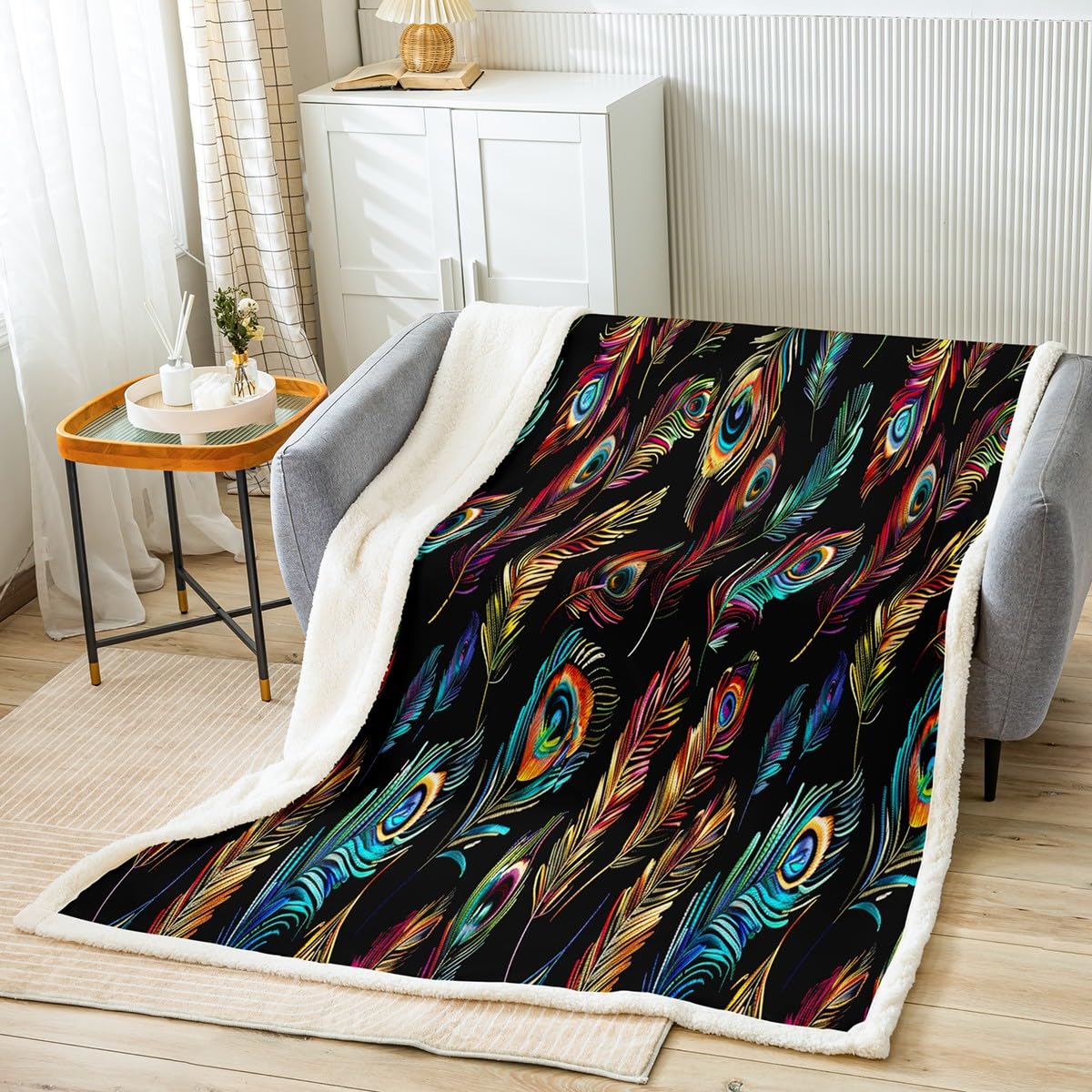 Feather Print Fleece Throw Boho Style Plush Sherpa Blanket for Sofa Couch Bed Women Peacock Bird Feathers Element Bohemian Design Warm Fuzzy Room Decor Throw 50"x60"