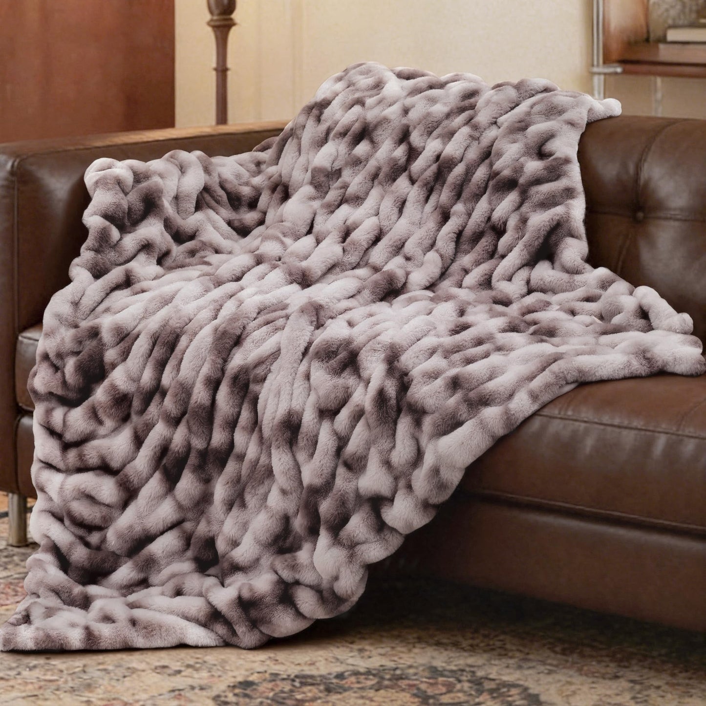 VFROO Ruched Faux Fur Throw Blanket, Soft Plush Fluffy Blanket, Warm Thick Cozy Blanket for Couch Bed and Sofa, Fuzzy Comfy Rabbit Fur Throw Blankets Gifts for Women Mom Her (50"x60",Tie-dye Taupe)
