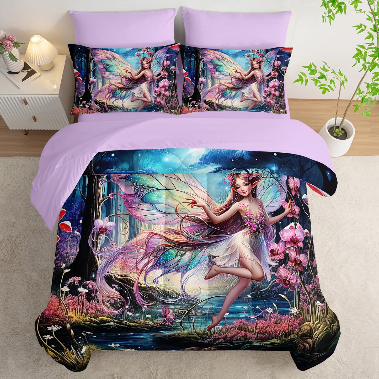 AILONEN Beautiful Butterfly Fairy Comforter Set, Twin Size 7-Piece,Magic Mushroom Bedding Set for Kids,Mysterious Fairy Forest Comforter & Fitted Sheet & Flat Sheet,2 Pillowcases,2 Pillow Shams