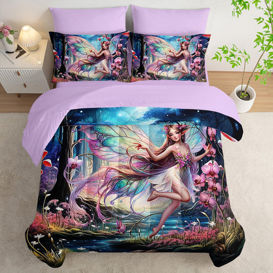 AILONEN Beautiful Butterfly Fairy Comforter Set, Twin Size 7-Piece,Magic Mushroom Bedding Set for Kids,Mysterious Fairy Forest Comforter & Fitted Sheet & Flat Sheet,2 Pillowcases,2 Pillow Shams