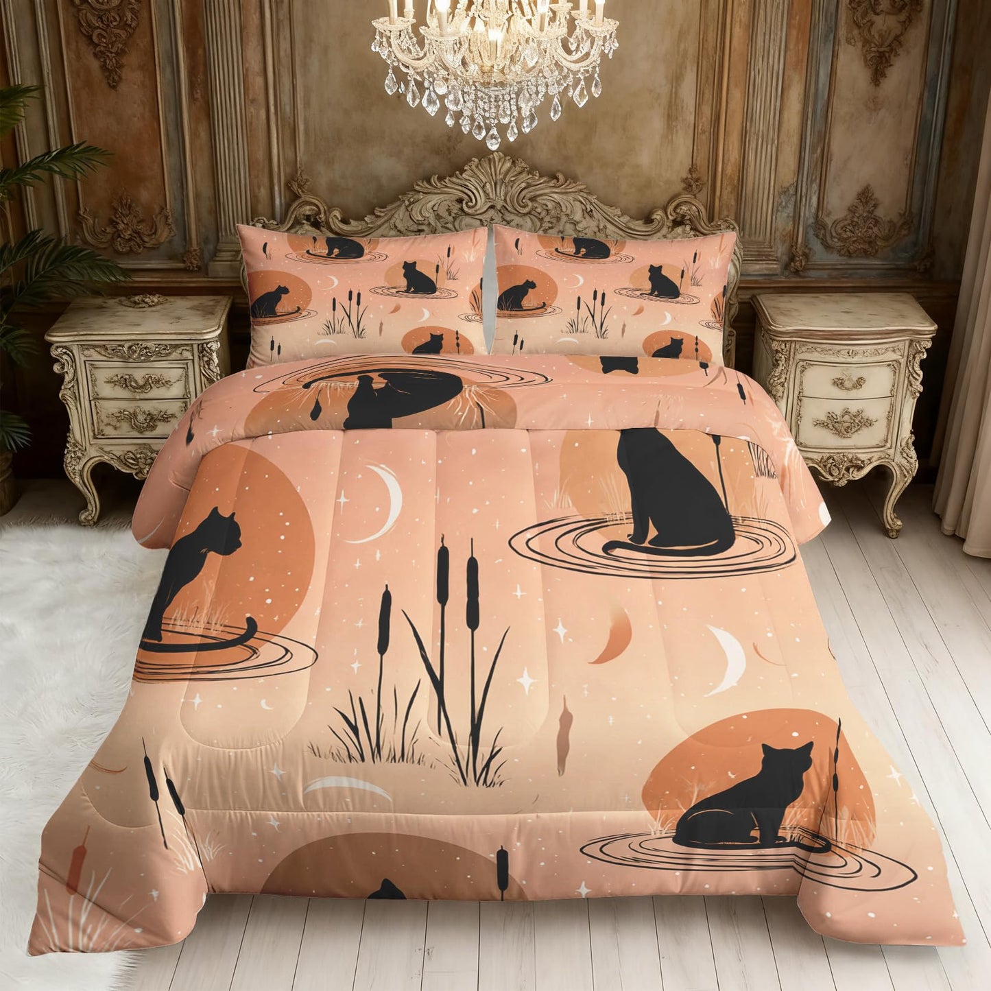 TANCAPRIUM Black Cat Comforter Set Twin - Boho Moon Bedding Set & 2 Pilow Cases for All Season - Soft Reversible Down Alternative 3 Piece. Witchy Bedrom Decor