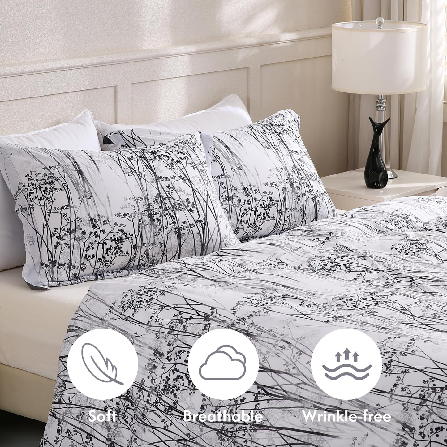 LONAVA Queen Botaincal 3 Pcs Duvet Cover Set, Breathable Soft Microfiber Deep Grey Lining Comforter Cover with Zipper Closure, and 2 Anti-Pilling, Fade Resistant Pillowcases, Winter Forest