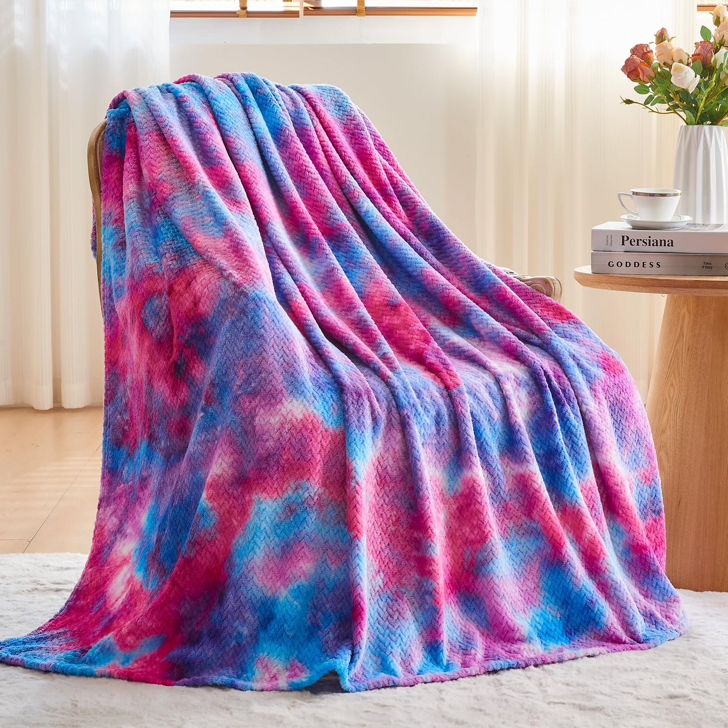 NEWCOSPLAY Super Soft Throw Blanket Deep Purple Rainbow Premium Silky Flannel Fleece Leaves Pattern Lightweight Bed Blanket All Season Use (Deep Purple Rainbow, Throw(50"x60"))