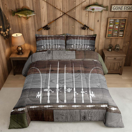 Erosebridal Quilt Fishing Pole Queen Comforter Set Fishing Gifts for Men,Vintage Patchwork Wood Bedding Comforter Sets Go Fish Duvet Insert,Angle Hook Accessories Rustic Home Decor,Grey Brown
