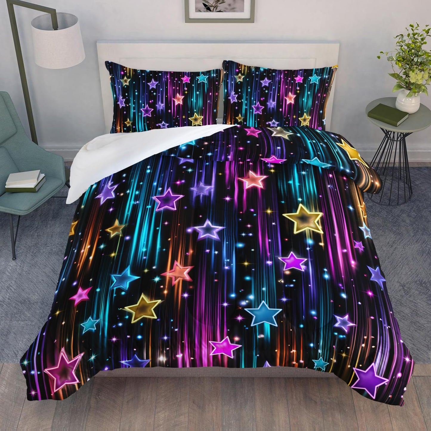 QOOMO 3Pcs Galaxy Comforter Set Twin,Glitter Star Bedding Set for Teens Boys Girls,Neon Stripes Printed Comforter with 2 Pillowcases,Down Alternative,Soft and Lightweight