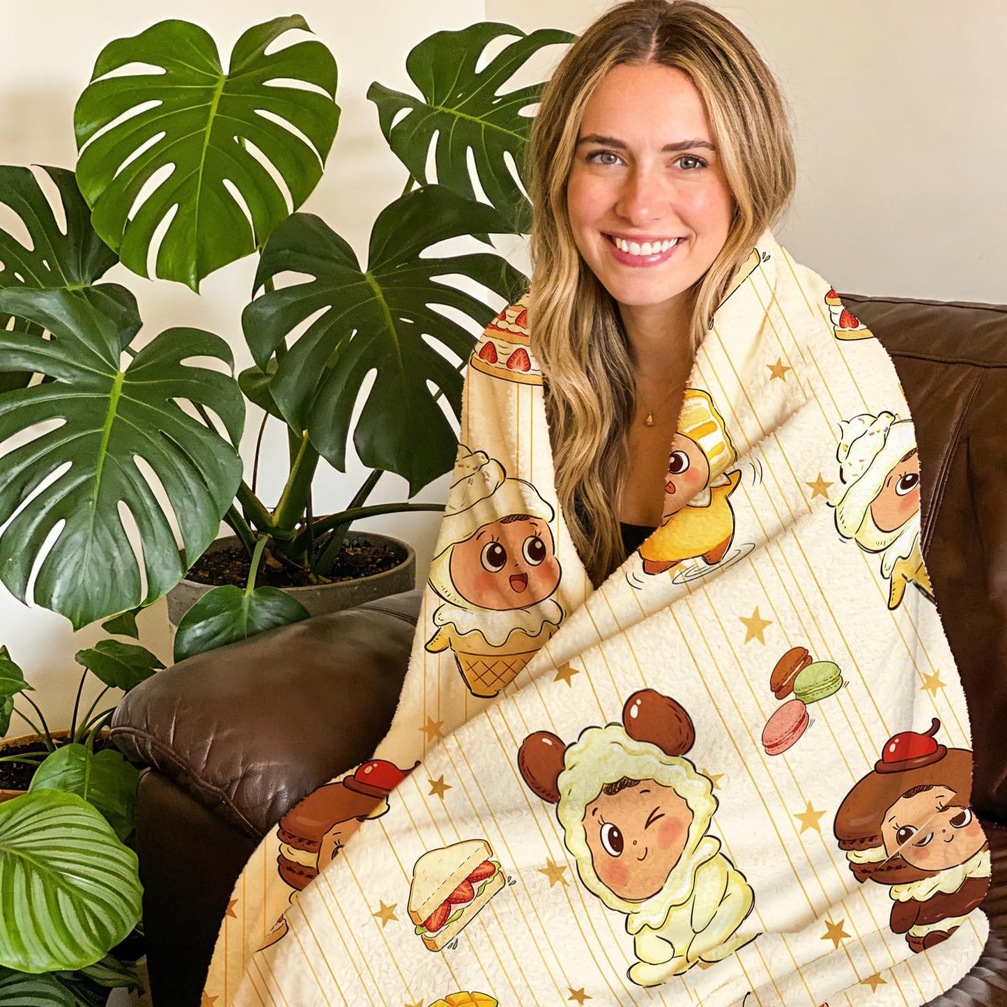 Stology Sweet Dessert Baby Flannel Throw Blanket, Cute Macaron Ice Cream Cake Donut Sandwich Gifts for Kids Toddler Children Teen, Yellow Star Nursery Soft Blankets for Bedding Sofa 50''x60''