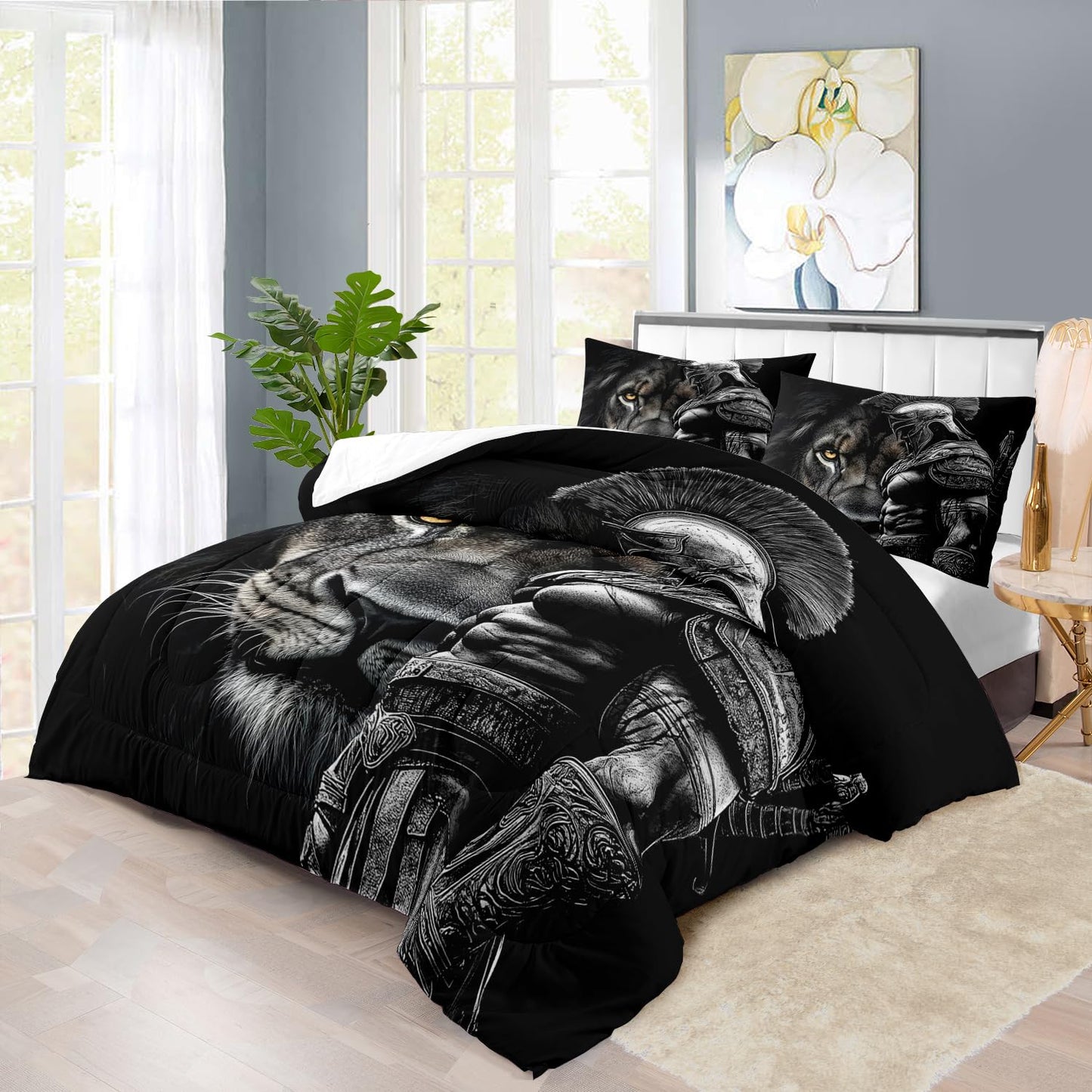 llyxsesty Black Lion Comforter Set Queen Boys Medieval Knight Bedding Set for Teens Animal Comforter Queen Man Quilt Lion Bedroom Decor Medieval Bedding Tiger Bed Decor