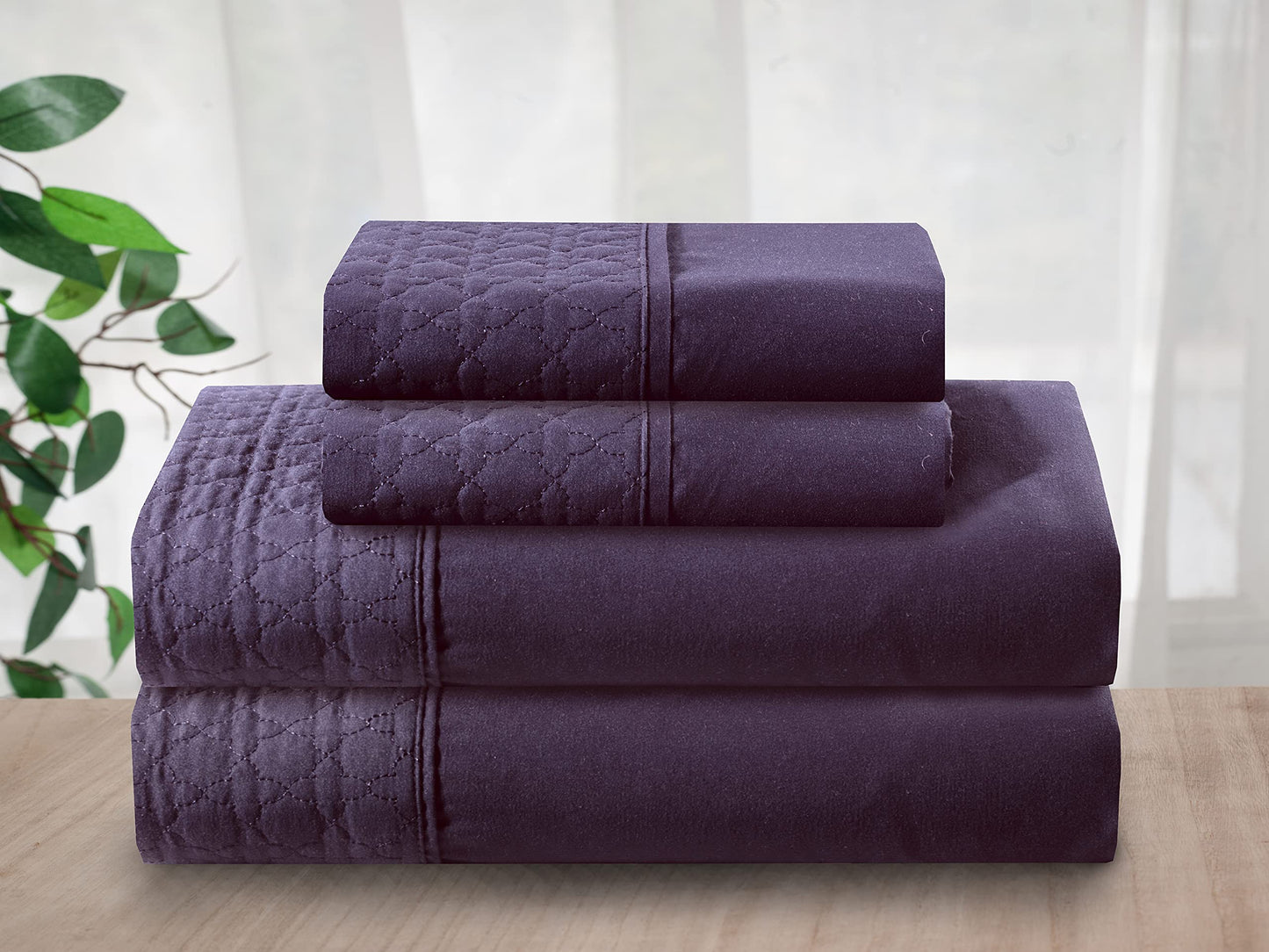 Elegant Comfort Luxury Soft Coziest 4-Piece Bed Sheet Set 1500 Thread Count Egyptian Quality Microfiber Wrinkle Resistant Beautiful Quilted Design on Flat Sheet and Pillowcases, King, Eggplant-Purple