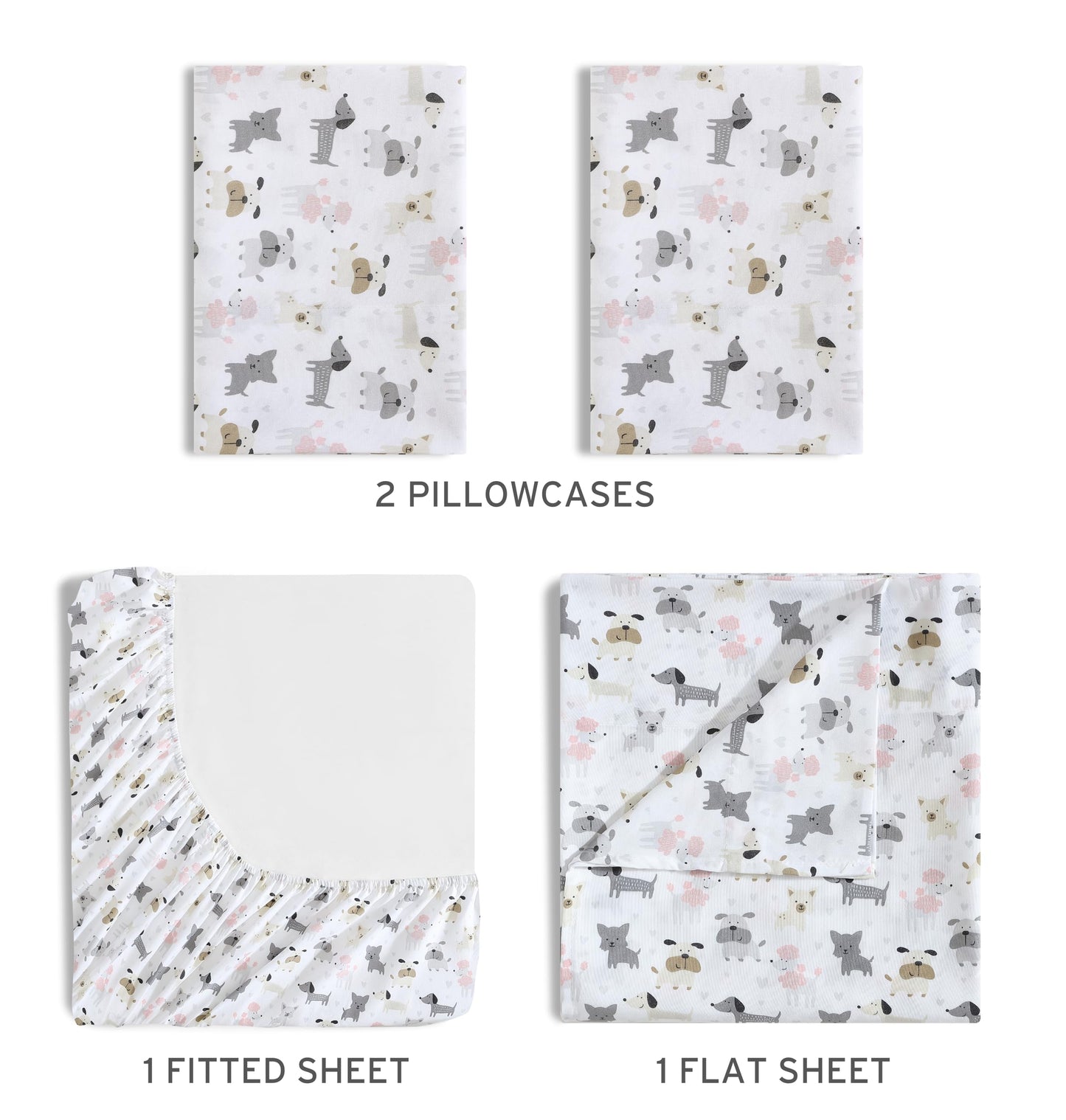 Beatrice Home Fashions Printed Microfiber Sheet Set, Soft Comfortable Easy Care, Includes 1 Fitted Sheet with 12" Deep Pockets, 1 Flat Sheet, Pillowcase, Full, White Puppy Love