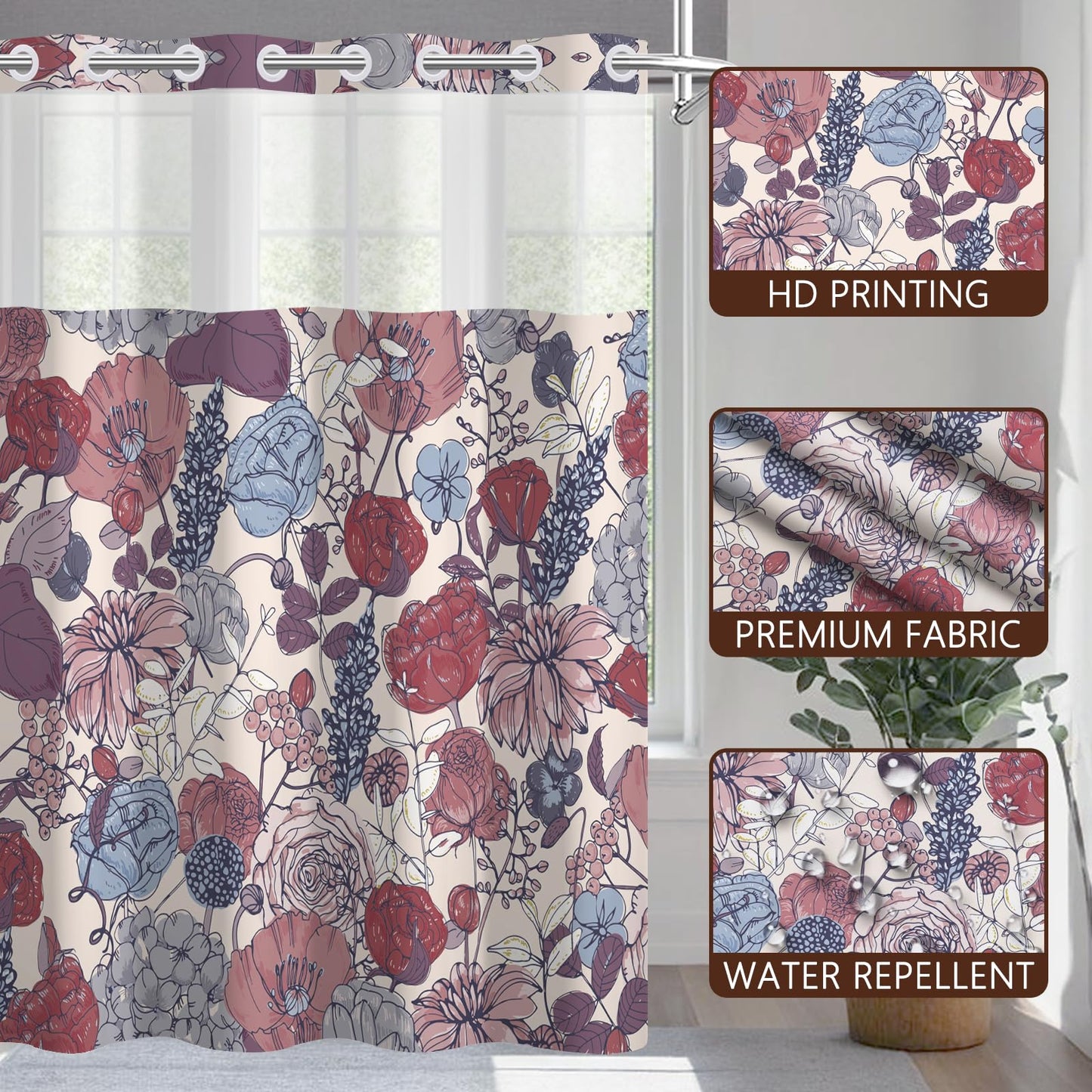 NAEMBCU No Hook Shower Curtain with Snap-in Liner 71x74 Inch