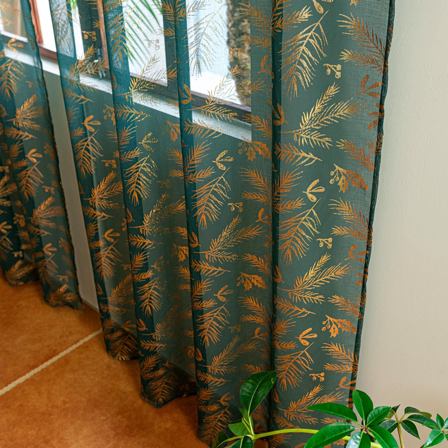 Deeprove Emerald Green Sheer Curtains 84 inches Long 2 Panels for Bedroom Living Room Xmas Decor Gliter Luxury Metallic Gold Foil Leaf Print Golden Window Treatments Pair Set, W52 x L84 Inch