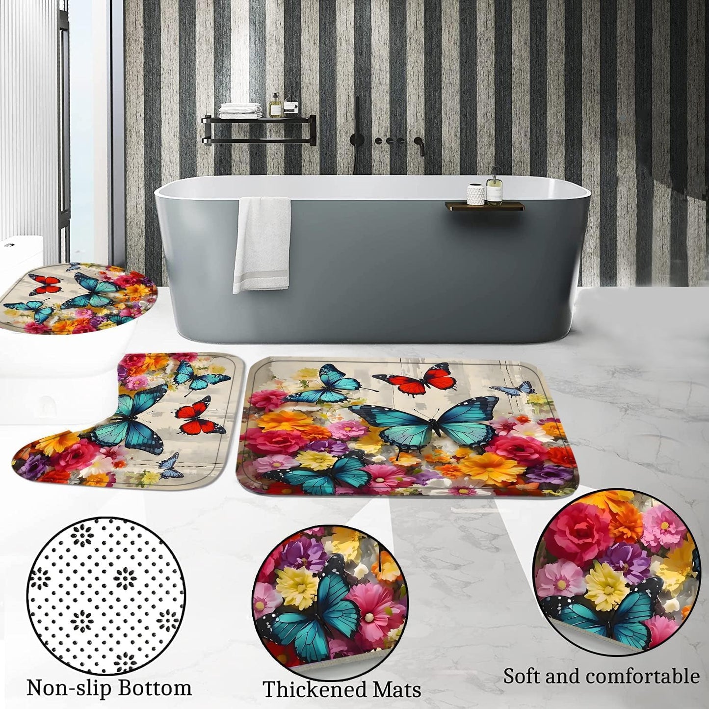 Chrainy 4pcs Shower Curtain Set for Bathroom and Toilet Butterfly Floral Bathroom Decor Sets with Flower Shower Curtain and Accessories Bath Mat,U Shape and Toilet Lid Cover Bathroom Set