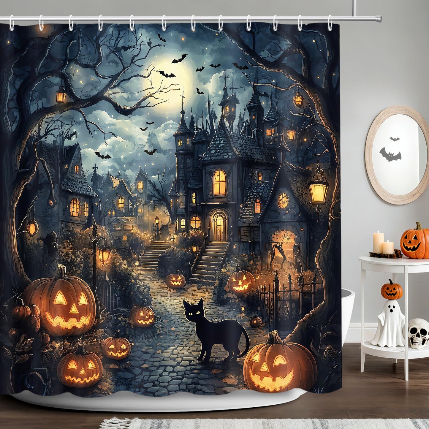 APROPHIC Halloween Shower Curtain, Halloween Horror Castle Shower Curtain for Bathroom, Pumpkin Lantern Black Cat Full Moon Bathroom Decorations Waterproof Curtains with 12 Hooks 72x72 in