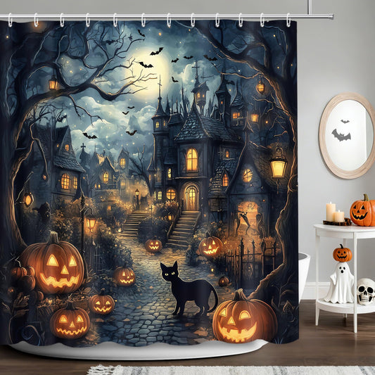 APROPHIC Halloween Shower Curtain, Halloween Horror Castle Shower Curtain for Bathroom, Pumpkin Lantern Black Cat Full Moon Bathroom Decorations Waterproof Curtains with 12 Hooks 72x72 in