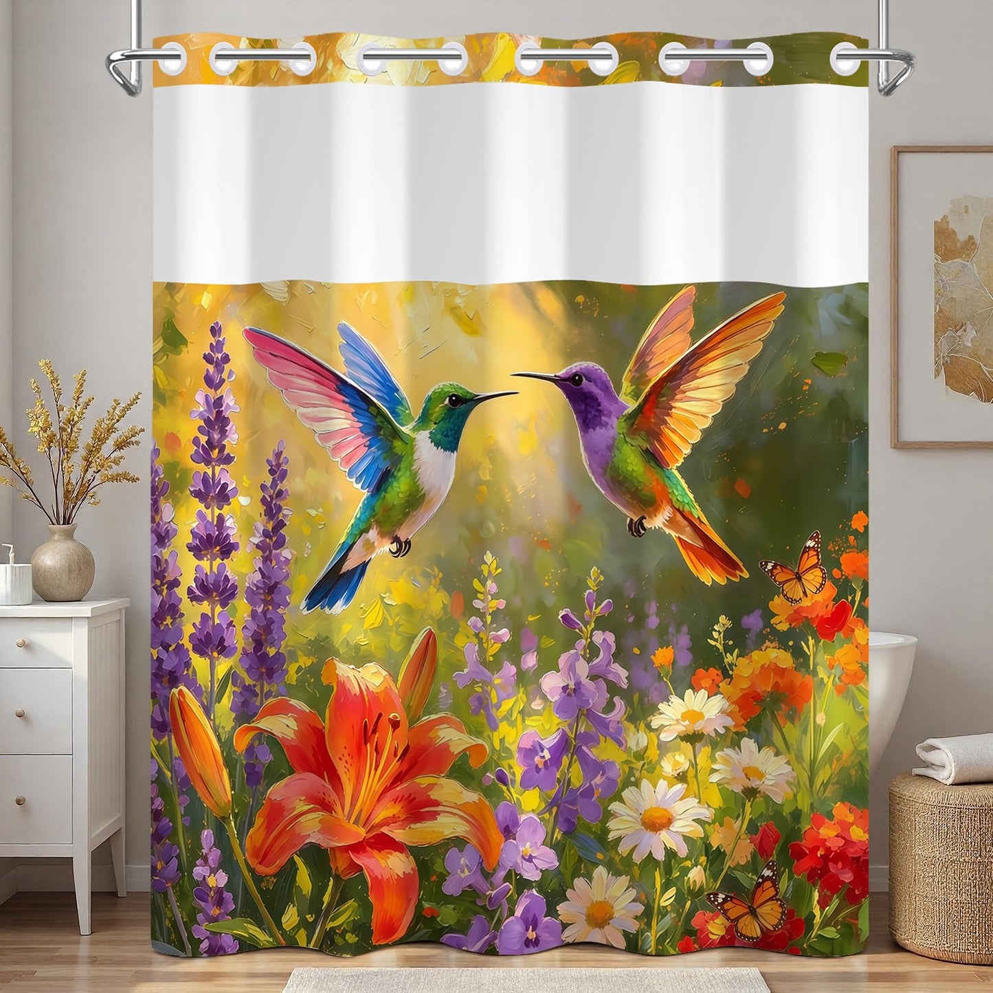 Xiazhilaio Hummingbird & Floral Shower Curtain Snap in Liner, 71x74 Inch