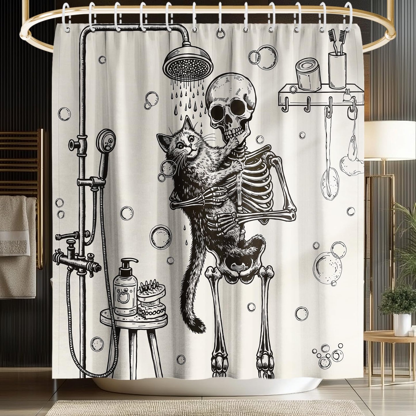 Koveni Funny Skeleton Shower Curtain with Hooks, Gothic Bathroom Decor