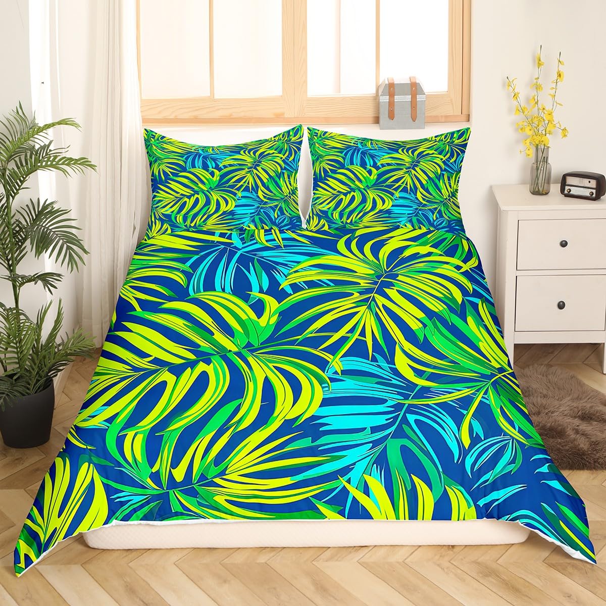 Palm Leaf Duvet Cover,Tropical Plant Comforter Cover for Kids Botany Themed Print Bed Collection,Exotic Palm Tree Natural Botanical Summer Ocean Beach Sea Hawaiian Decor Bedding Set,King,Green Blue