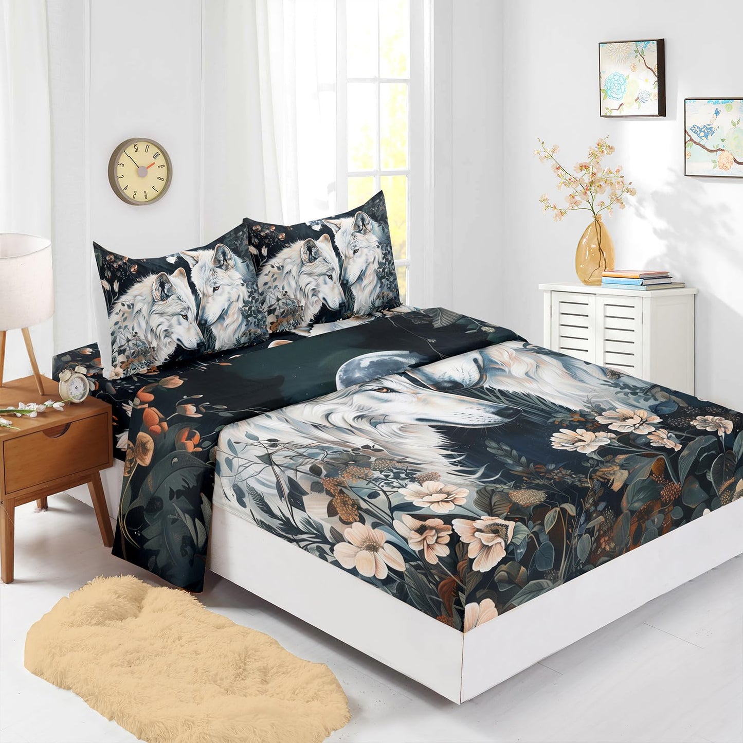 White Wolf Bedding Set Queen Size，Boho Animals Wolf 3D Pattern Bed Sheet Set 16" Deep Pocket, Wolf bedding set for Boys Kids and Adults，Wolf Theme Bed Sheet Set 4 PCS(Fitted + Flat + 2 Pillowcases)