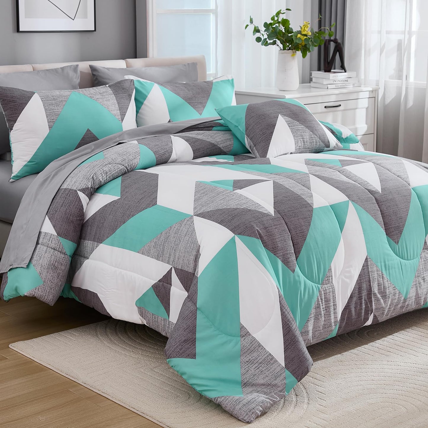Bedbay Teal Grey Queen Comforter Set with Sheets 8 Pcs Queen Bed in a Bag Modern Geometric Chevron Print Luxury Western Bedding 1 Comforter 4 Pillowcases 1 Flat Sheet 1 Fitted Sheet 1 Cushion Cover