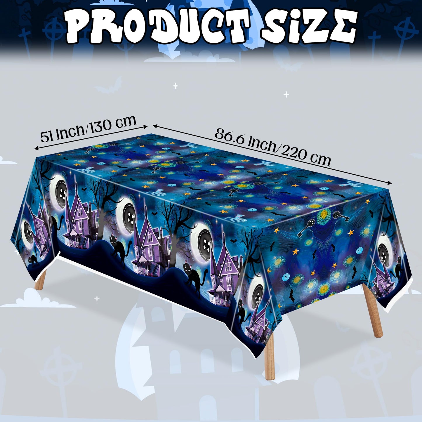 Andi Cppss Starry Night Plastic Tablecloth - 3PCS Starry Night Halloween Table Cover Black Cat Button Eyes Print Plastic Disposable Rectangle Table Cover for Kid Birthday Party Supply (51.2x86.6 Inch)