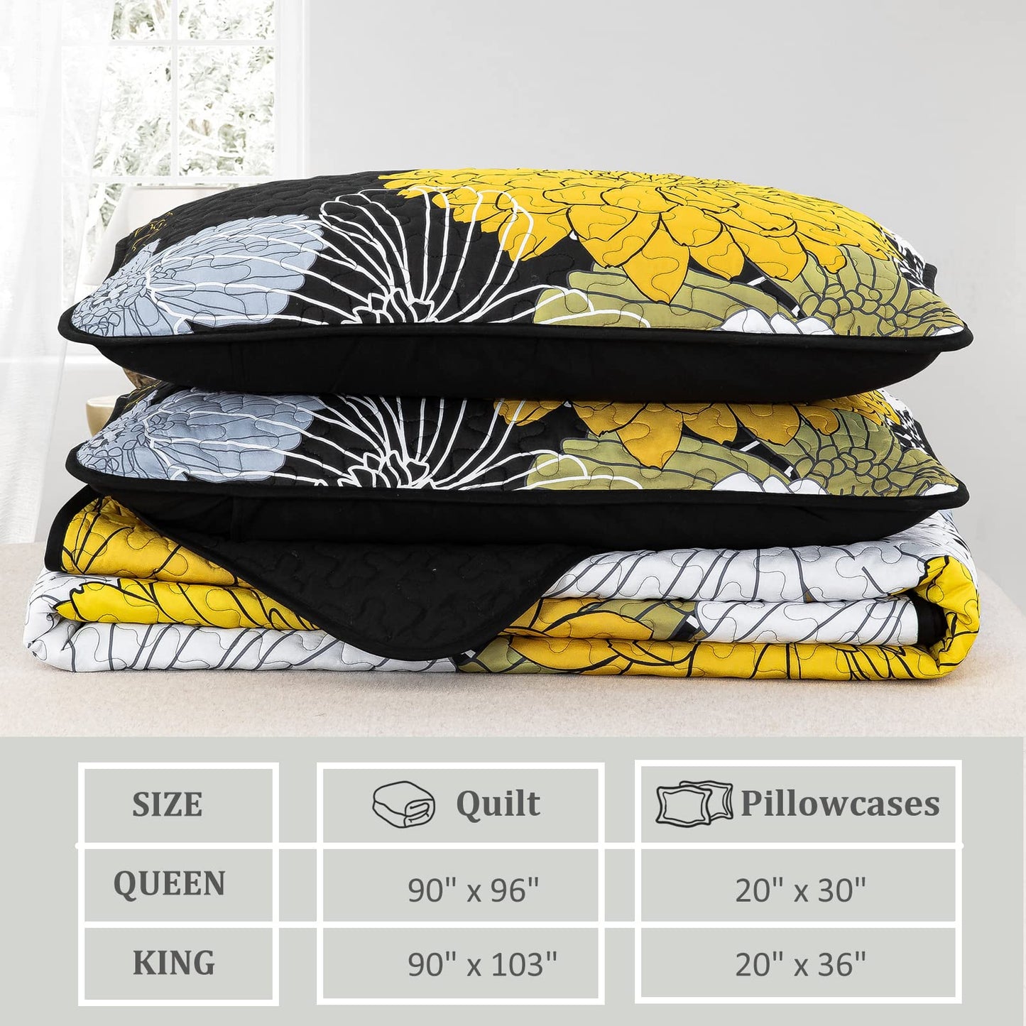 3 Pieces Yellow Floral Pattern Quilts Queen Size Coverlet Set - Lightweight Black Bedspread with 2 Pillowcases for All Season - Soft Microfiber Reversible Bedding Quilt Set (Yellow/Black, 96''x90'')