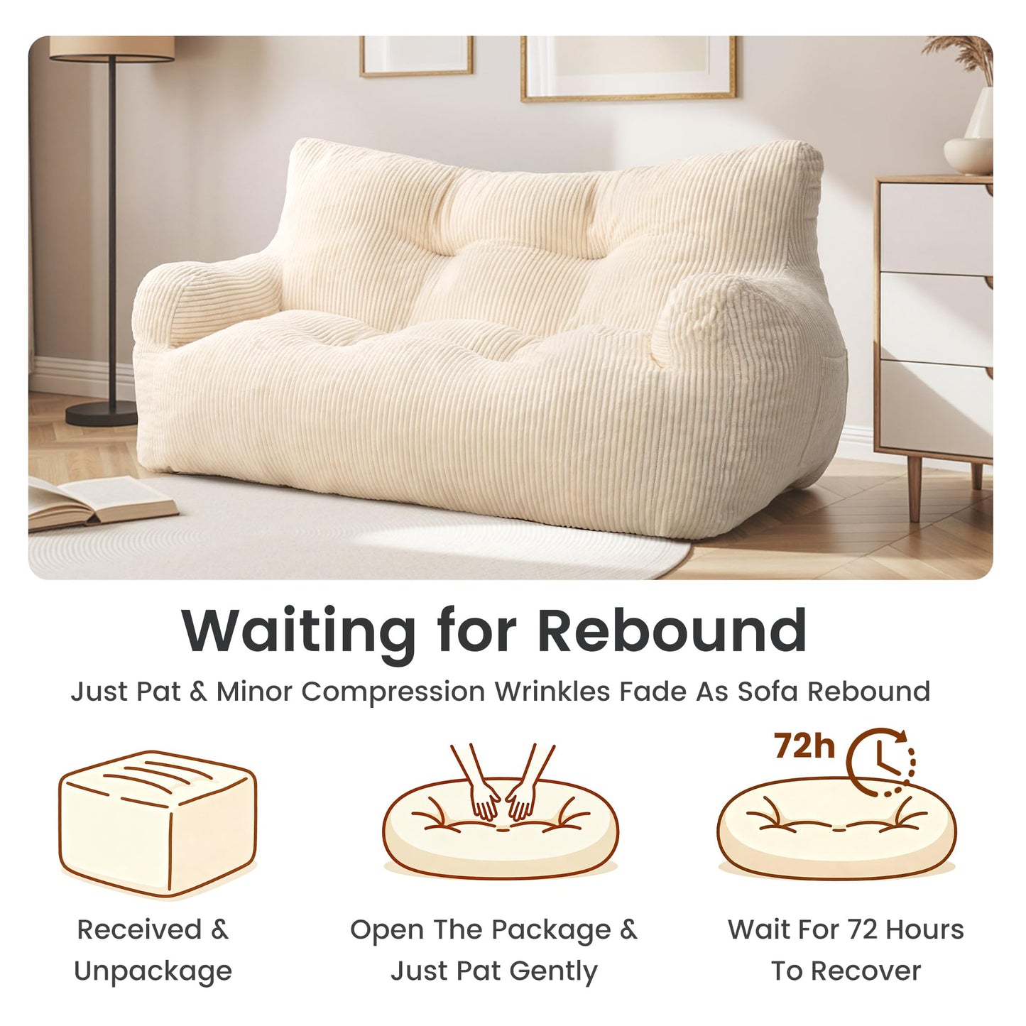 Fkhouse 59" Bean Bag Chair,2 Seat Loveseat Sofa,Corduroy Lazy Sofa Bed for Adults,Fit Living Room, Bedroom,Outdoor Spaces,Ultra Soft Dutch Velvet,Fluffy Comfort Cover,White