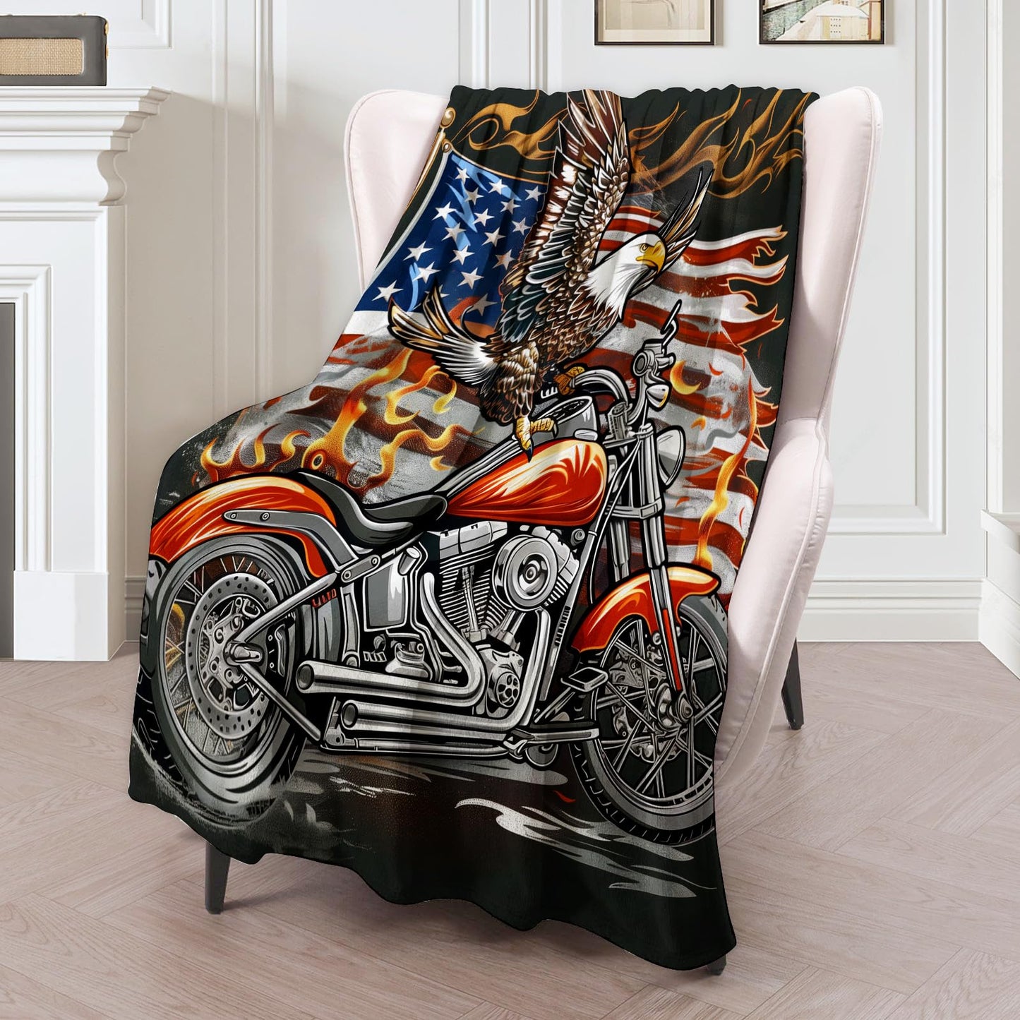 Eagle & American Flag Motorcycle Plush Flannel Throw Blanket - Soft, Warm, Comfy, Lightweight, Anti-Pilling, Fuzzy Cover for Couch, Bed, Travel - Unisex Design 60×50in