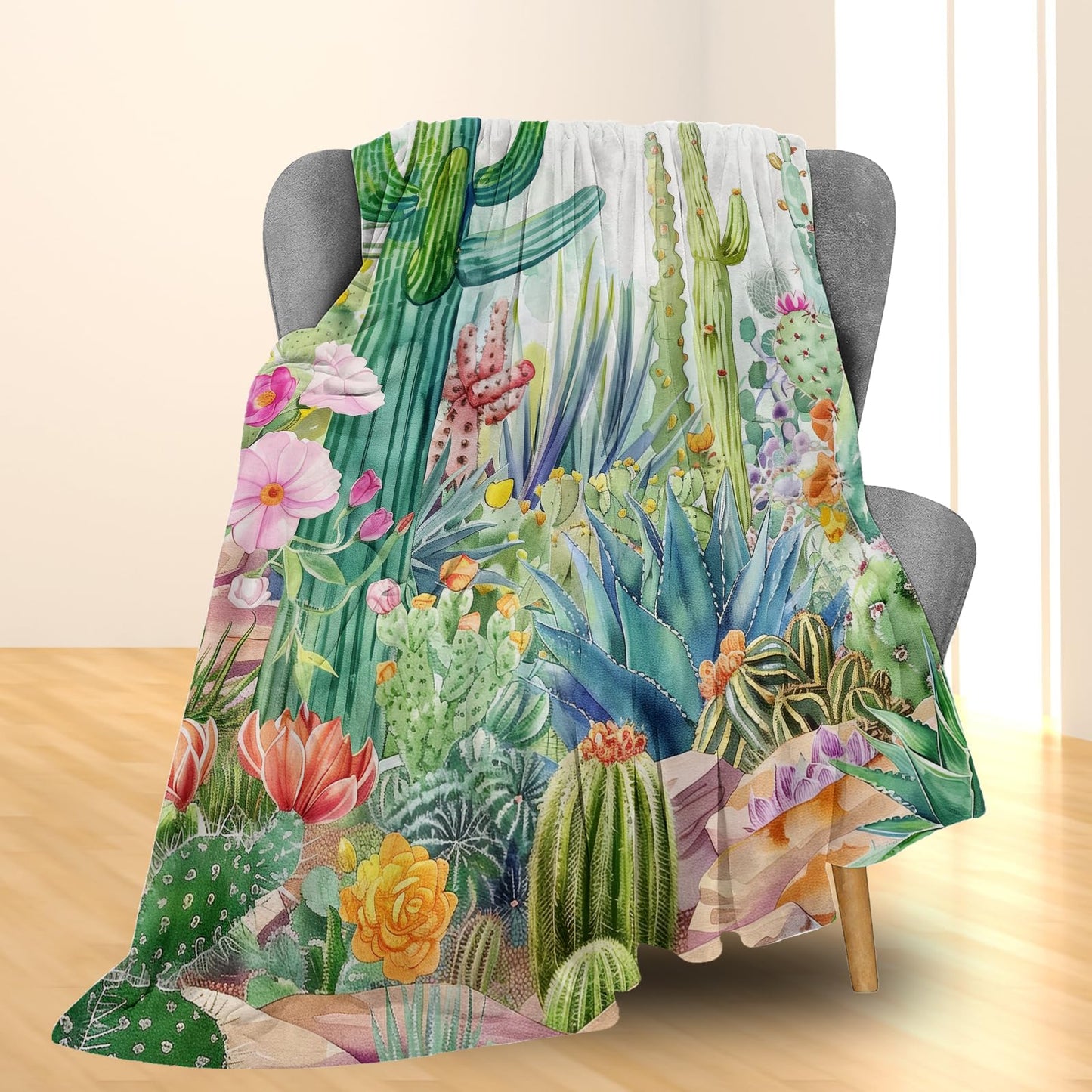 Ti Caldi Hand Drawn Cactus Blanket - Soft Cozy Lightweight Flannel Throw Blanket for Couch, Bed, Travel & Outdoor | Warm Fuzzy Blankets for Adults Kids Women Boys Girls 50×60 in