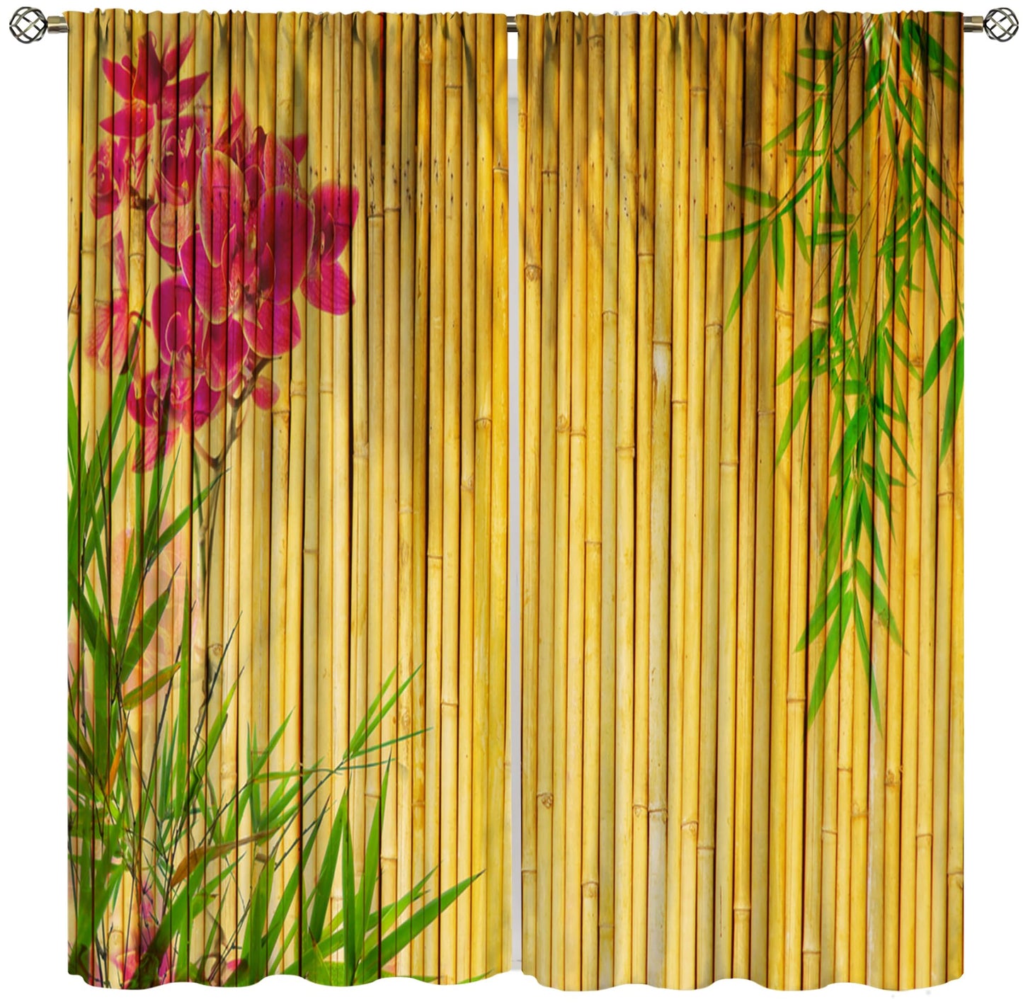 TYVGICZ Bamboo Floral Curtains, Elegantly Bamboo Asian Japanese Chinese Leaves Yellow Red Pink Green Window Treatments for Bedroom Living Room Drapes 2 Panels 42x45 Inch