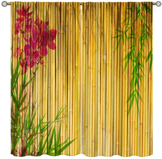 TYVGICZ Bamboo Floral Curtains, Elegantly Bamboo Asian Japanese Chinese Leaves Yellow Red Pink Green Window Treatments for Bedroom Living Room Drapes 2 Panels 42x45 Inch