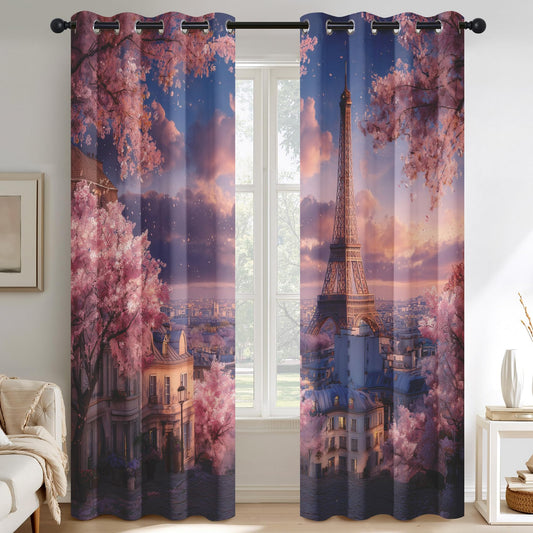 Paris Eiffel Tower Curtains for Bedroom, Sunset Scenery Blackout Curtains Living Room Decor, Paris Thermal Insulated Grommet Drapes & Home Decor, 42 x 84 Inch 2 Panels K-X53