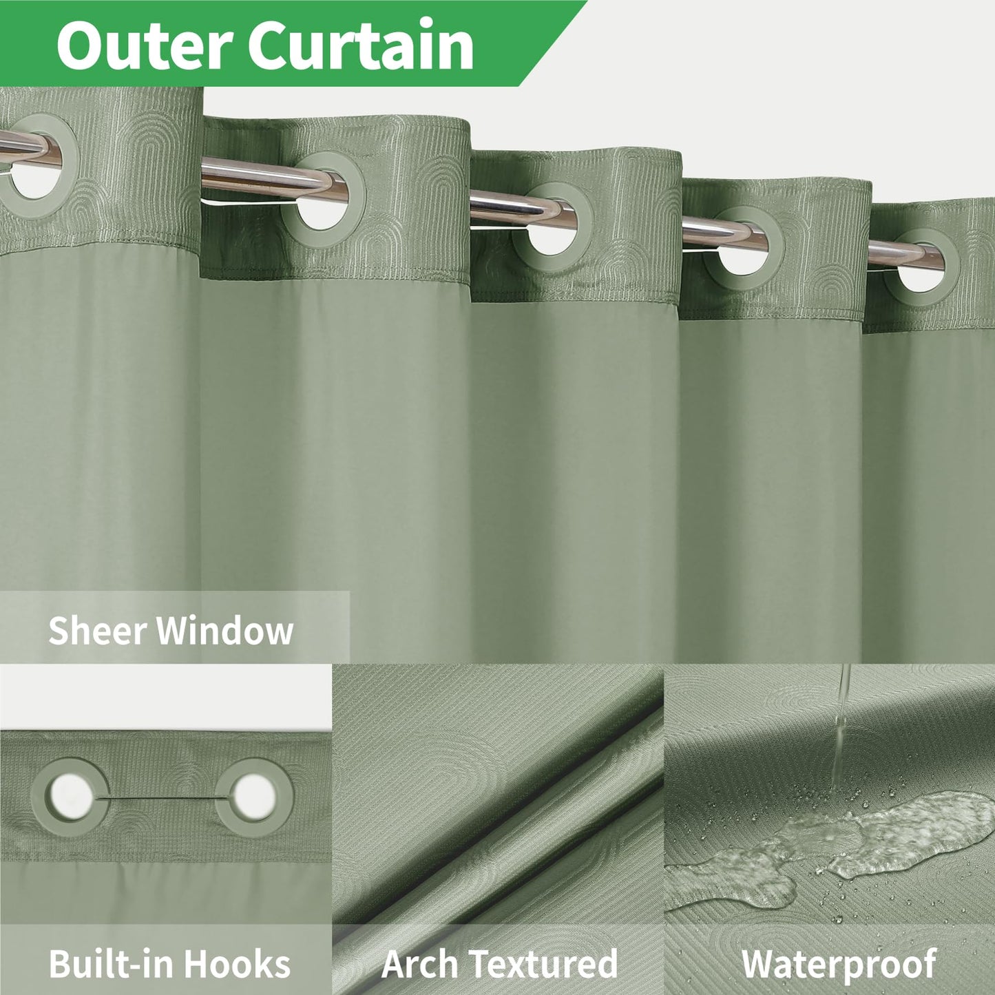 eachope Extra Long No Hook Shower Curtain with Snap-in Fabric Liner Set,Boho Arch Textured Fabric Fabric Shower Curtain for Bathroom with Sheer Window,Waterproof & Washable,71 x 86,Green