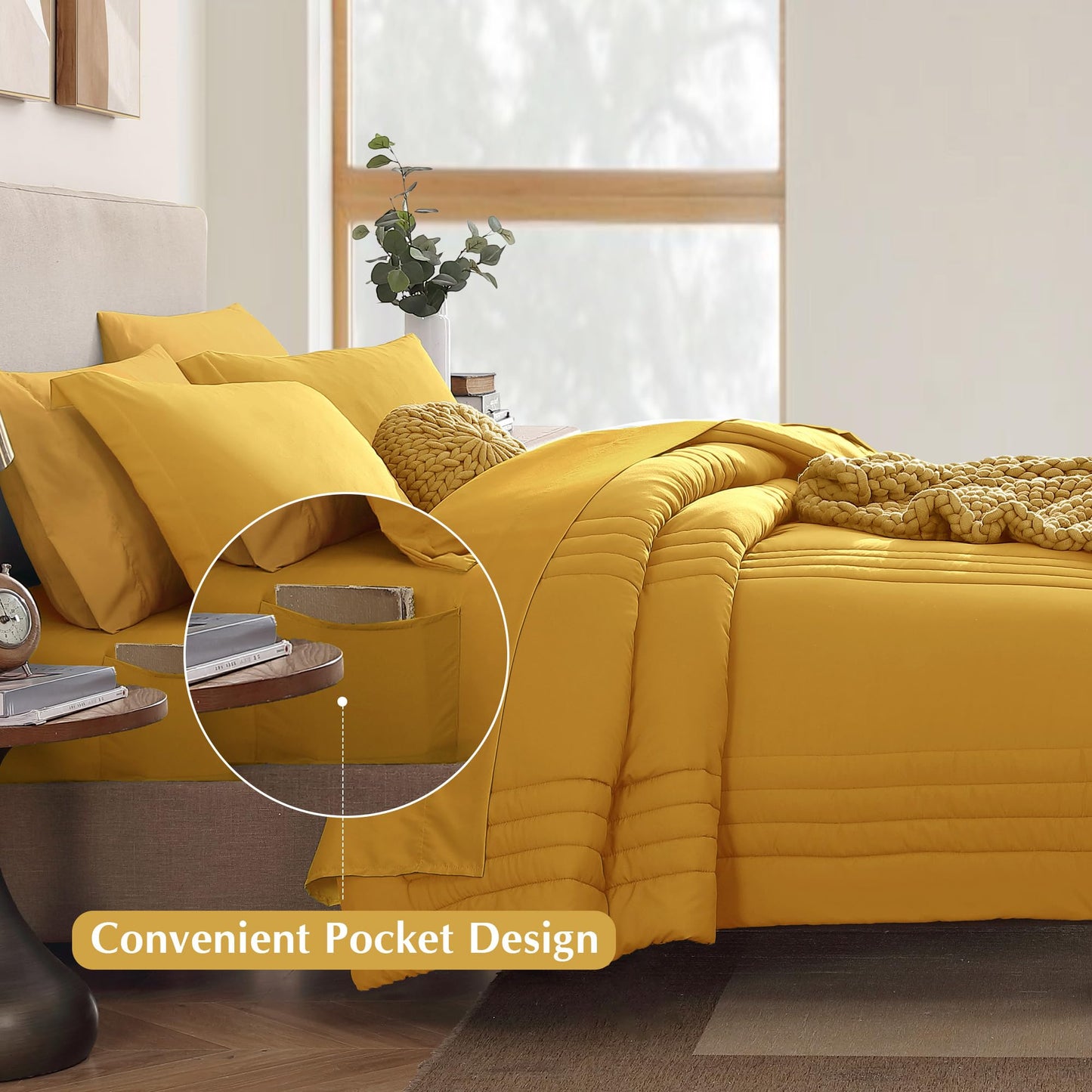 Monbix Queen Comforter Set - 7 Pieces Bright Yellow Bed in a Bag Queen Bedding Sets with Comforters, All Seasons Comforter Bed Set with Sheets,Pillowcases & Shams