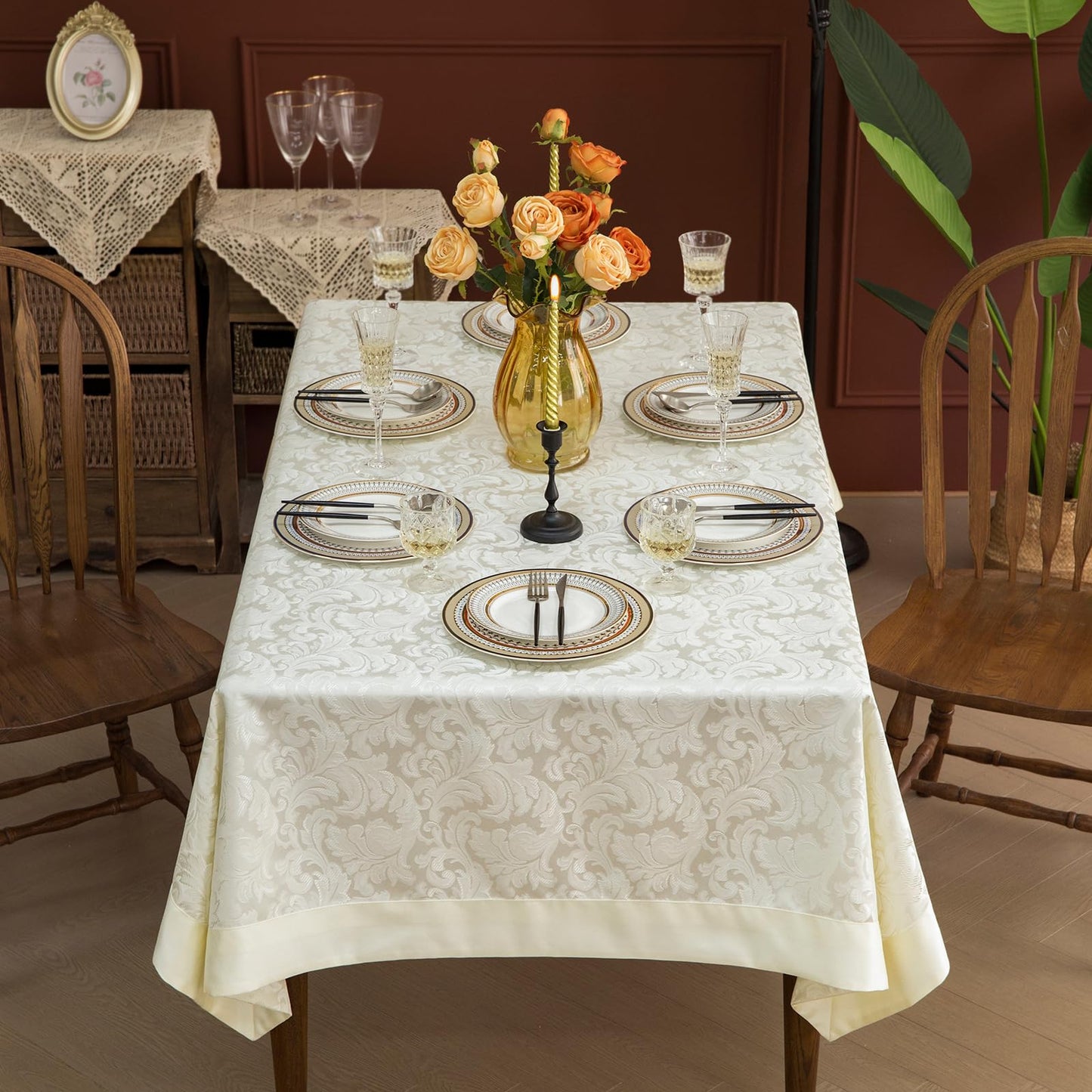 GLORY SEASON Emboss Style Textured Tablecloth Waterproof Solid Bordered Retro Tablecloths Classic Luxurious Washable Rectangle/Oblong Table Cloth,Kitchen Dinning Decor 60x120 Inch