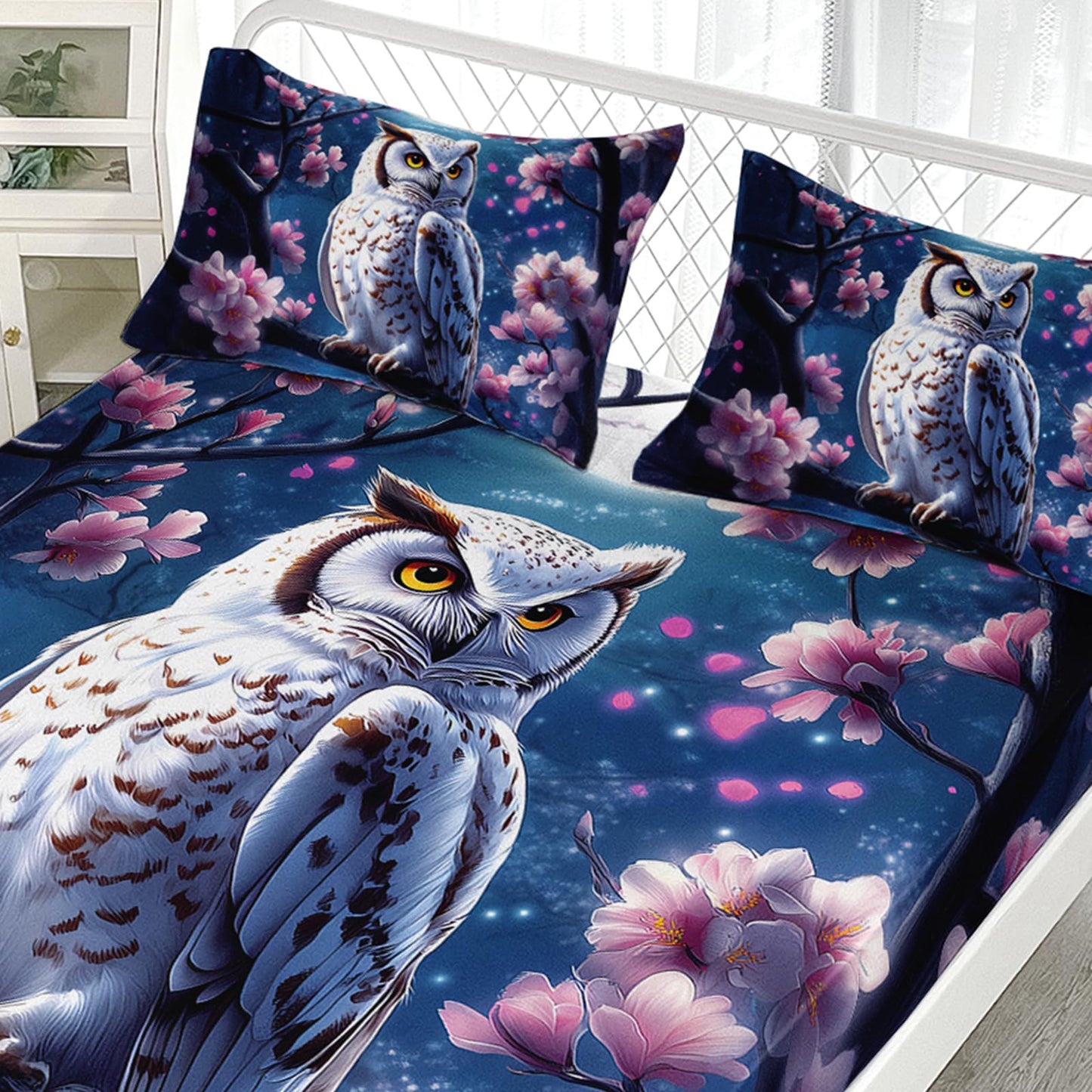 AILONEN Owl Fitted Sheet Set Twin Size, 3Pcs Pink Flower Owl Pattern Bedding Set for Kids Girls Boys,Bird Animal Print Fitted Sheet with 2 Pillowcases