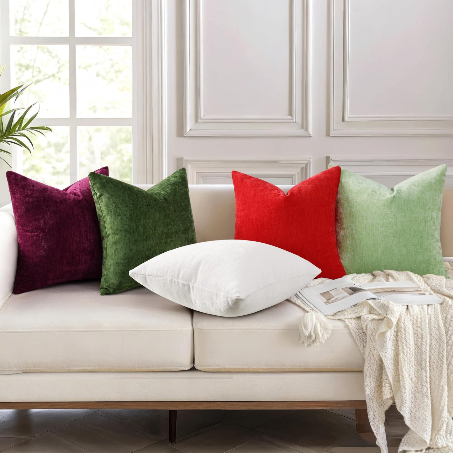 decorUhome Chenille Moss Green Throw Pillow Covers 18x18 Inch Set of 2, Decorative Soft Couch Pillow Covers Solid Dyed Accent Farmhouse Neutral Square Pillow Cases for Sofa