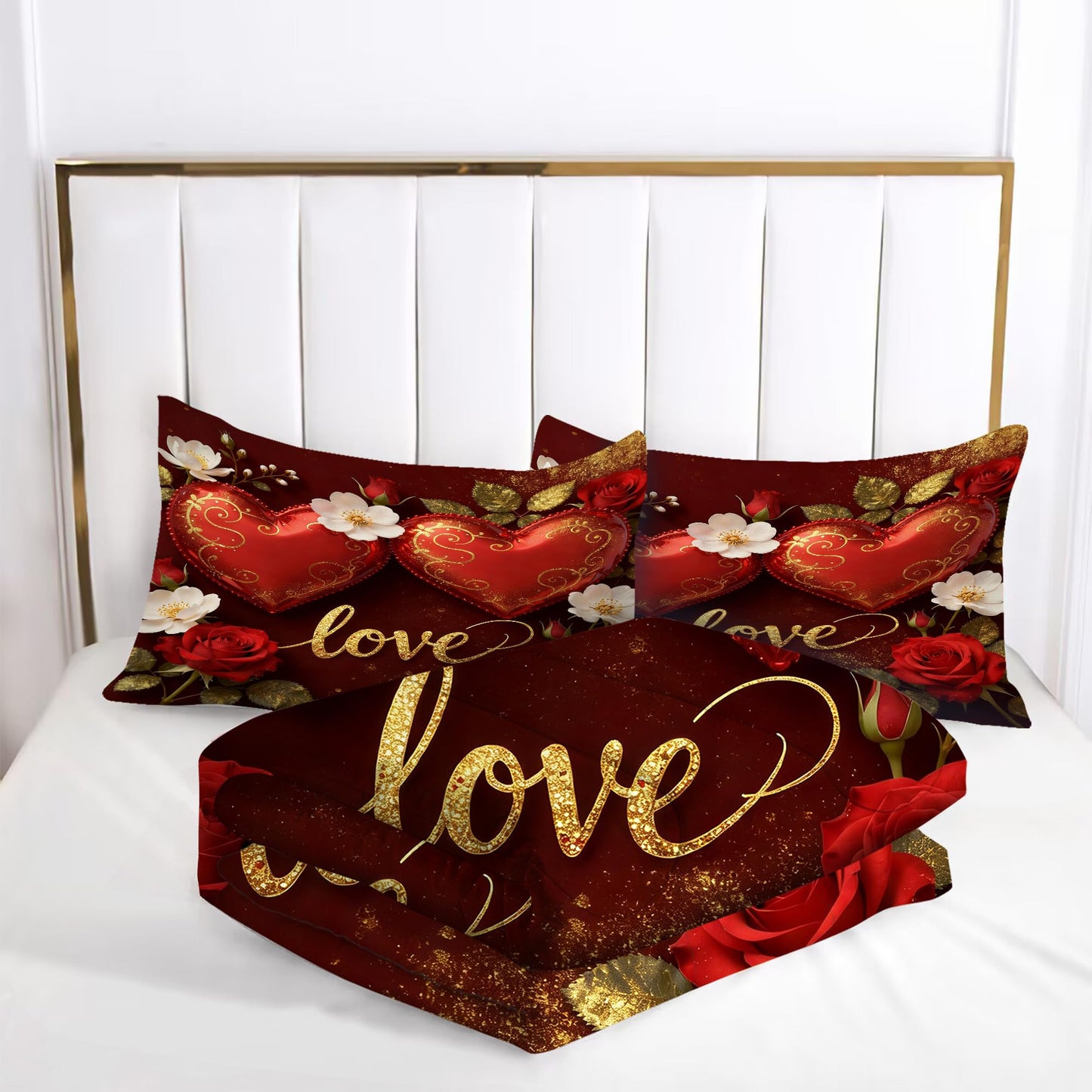 VTKON Love Heart Bedding Set Full Size 3 Piece Romantic Red Rose Comforter Set for Women Golden Glitter Love Bed Sets Valentine's Day Duvet with 1 Comforter 2 Pillow Cases